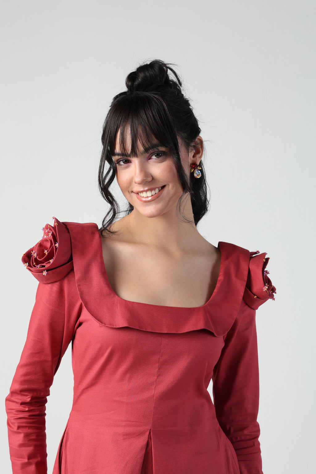 VALENTINA RED 3D ROSETTE SLEEVE FULL SLEEVE MINI DRESS