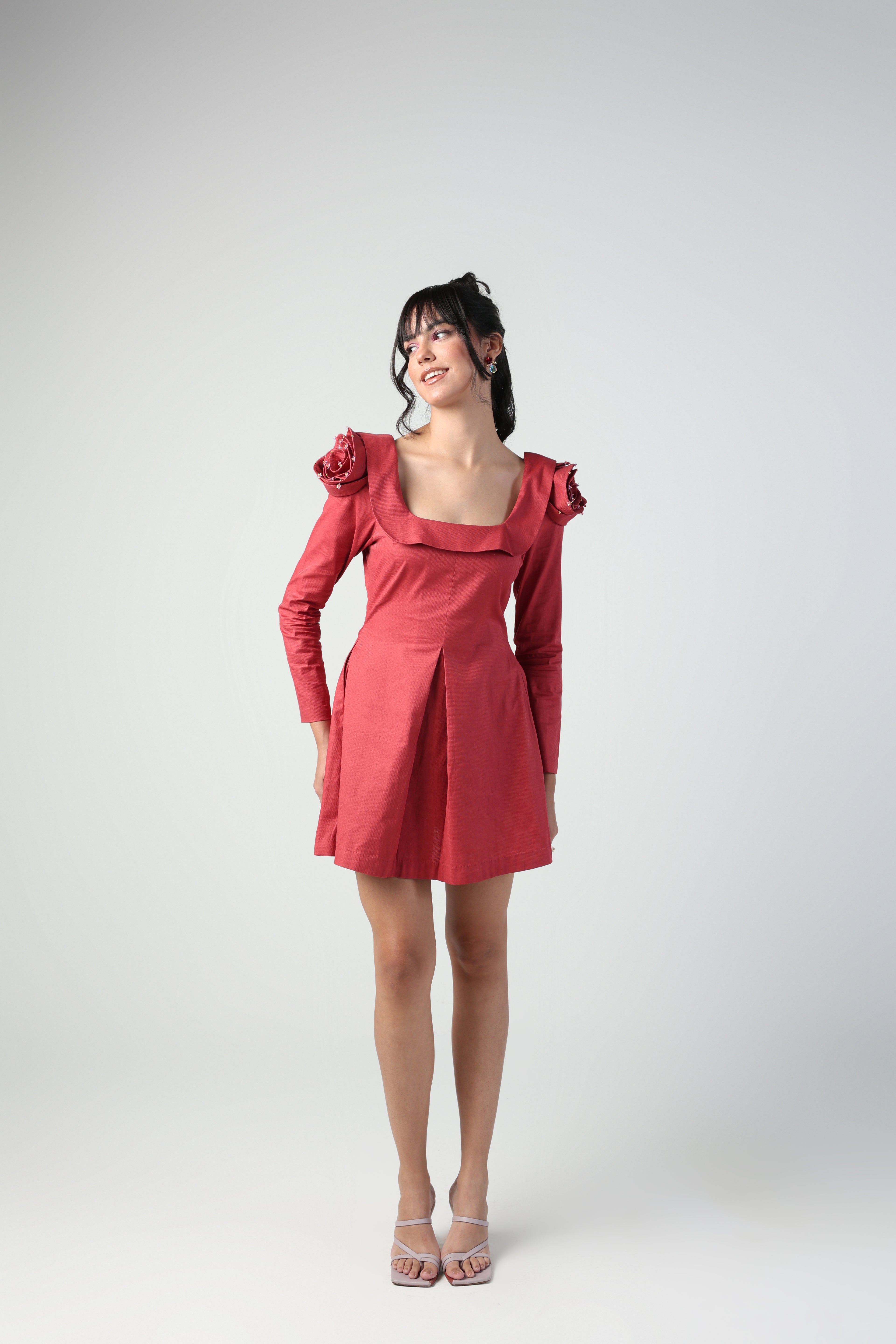 VALENTINA RED 3D ROSETTE SLEEVE FULL SLEEVE MINI DRESS