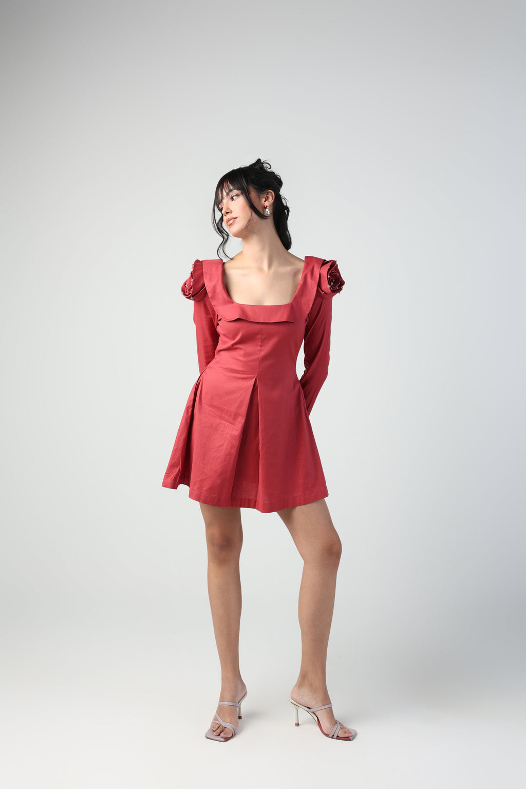 VALENTINA RED 3D ROSETTE SLEEVE FULL SLEEVE MINI DRESS