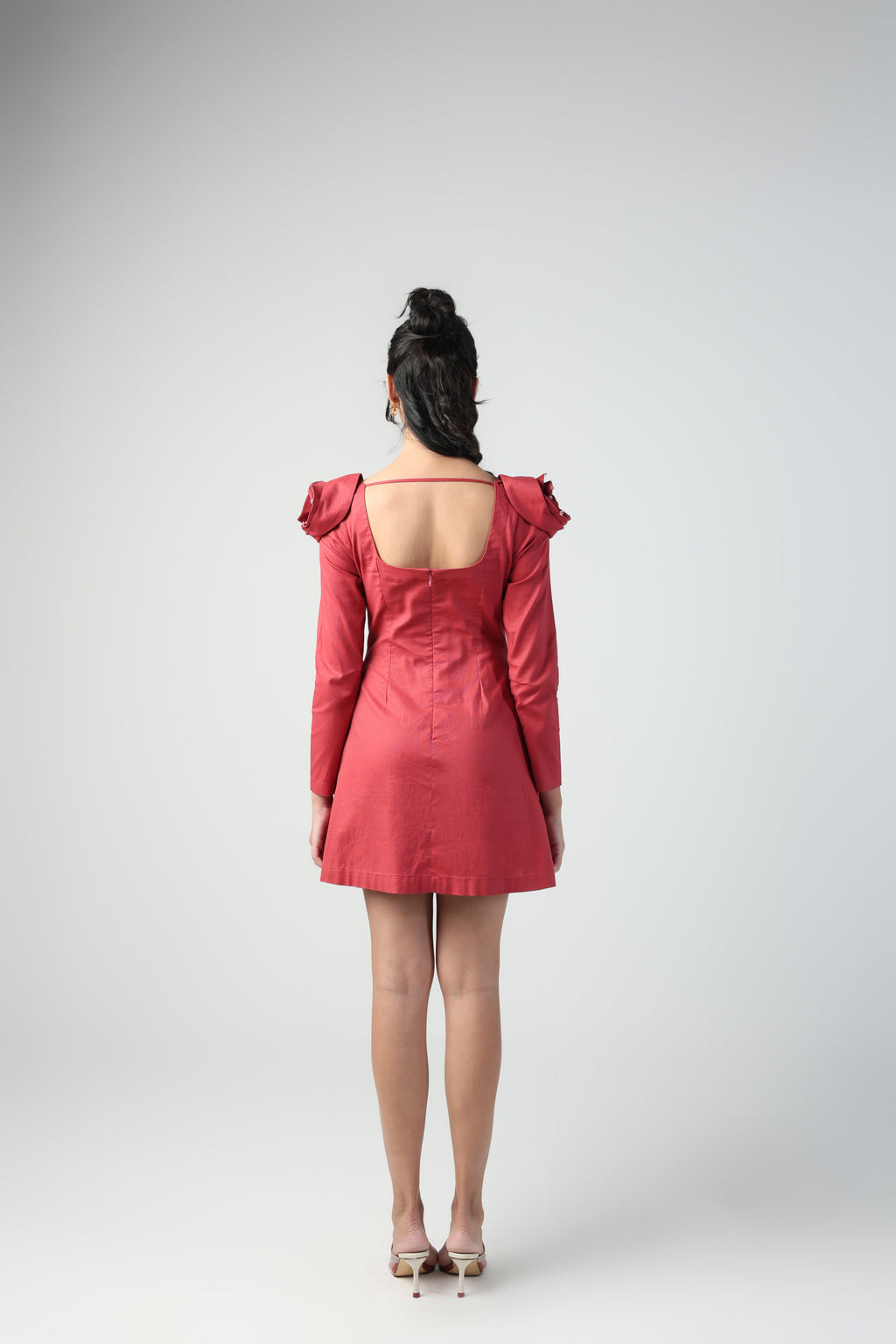 VALENTINA RED 3D ROSETTE SLEEVE FULL SLEEVE MINI DRESS