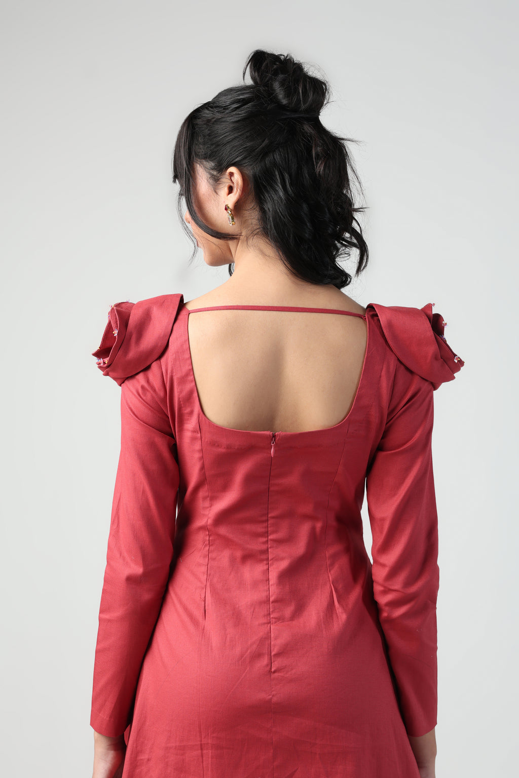 VALENTINA RED 3D ROSETTE SLEEVE FULL SLEEVE MINI DRESS