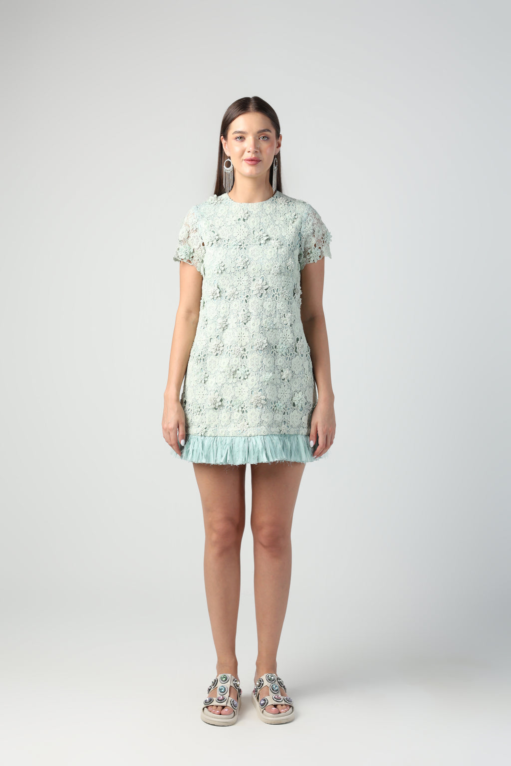SERENA MINT GREEN 3D FLORAL CUTWORK LACE DRESS WITH RAFFIA
