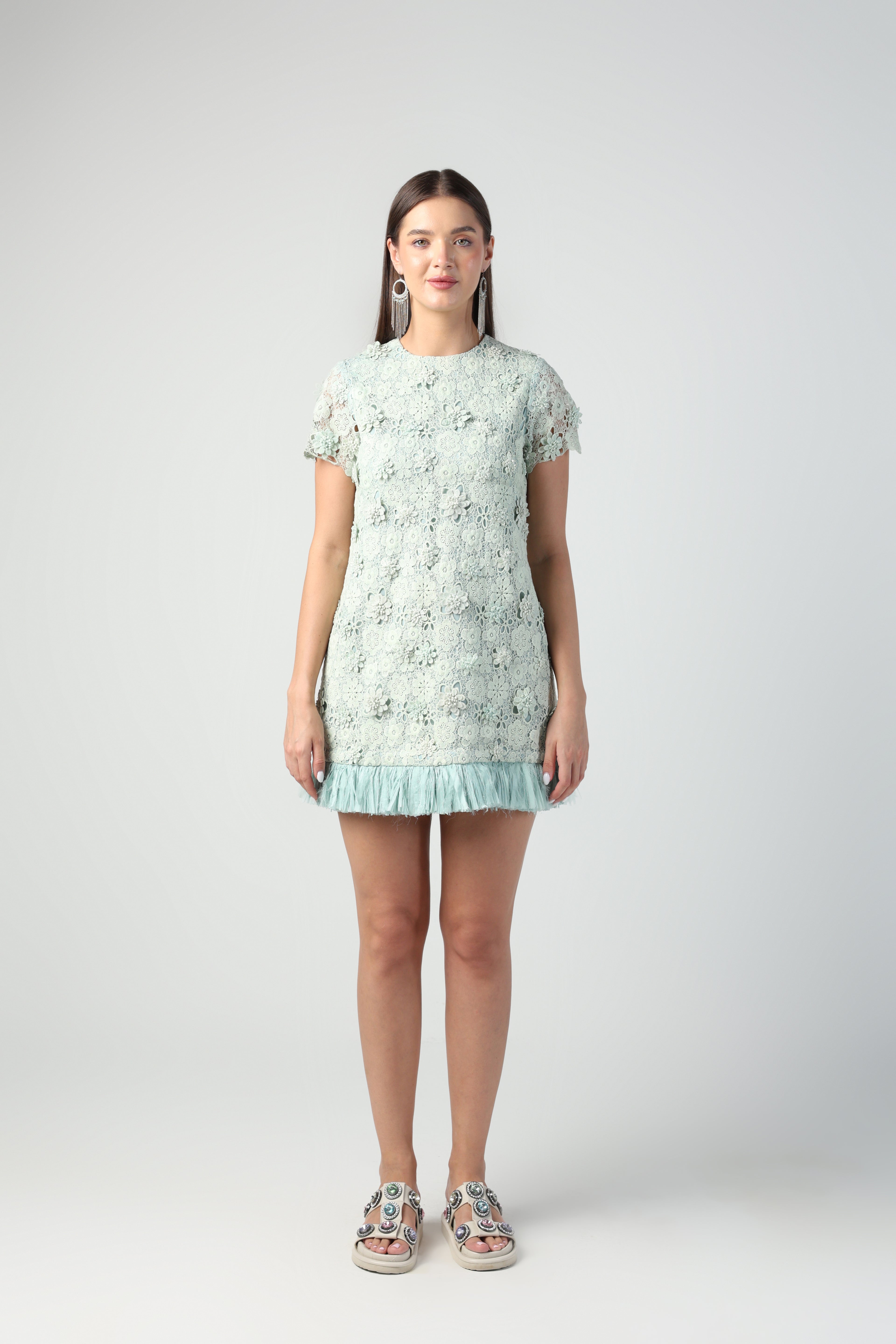 SERENA MINT GREEN 3D FLORAL CUTWORK LACE DRESS WITH RAFFIA