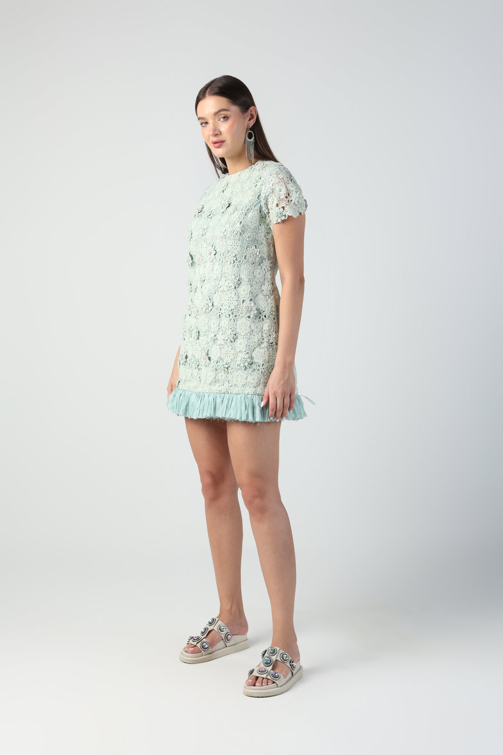 SERENA MINT GREEN 3D FLORAL CUTWORK LACE DRESS WITH RAFFIA