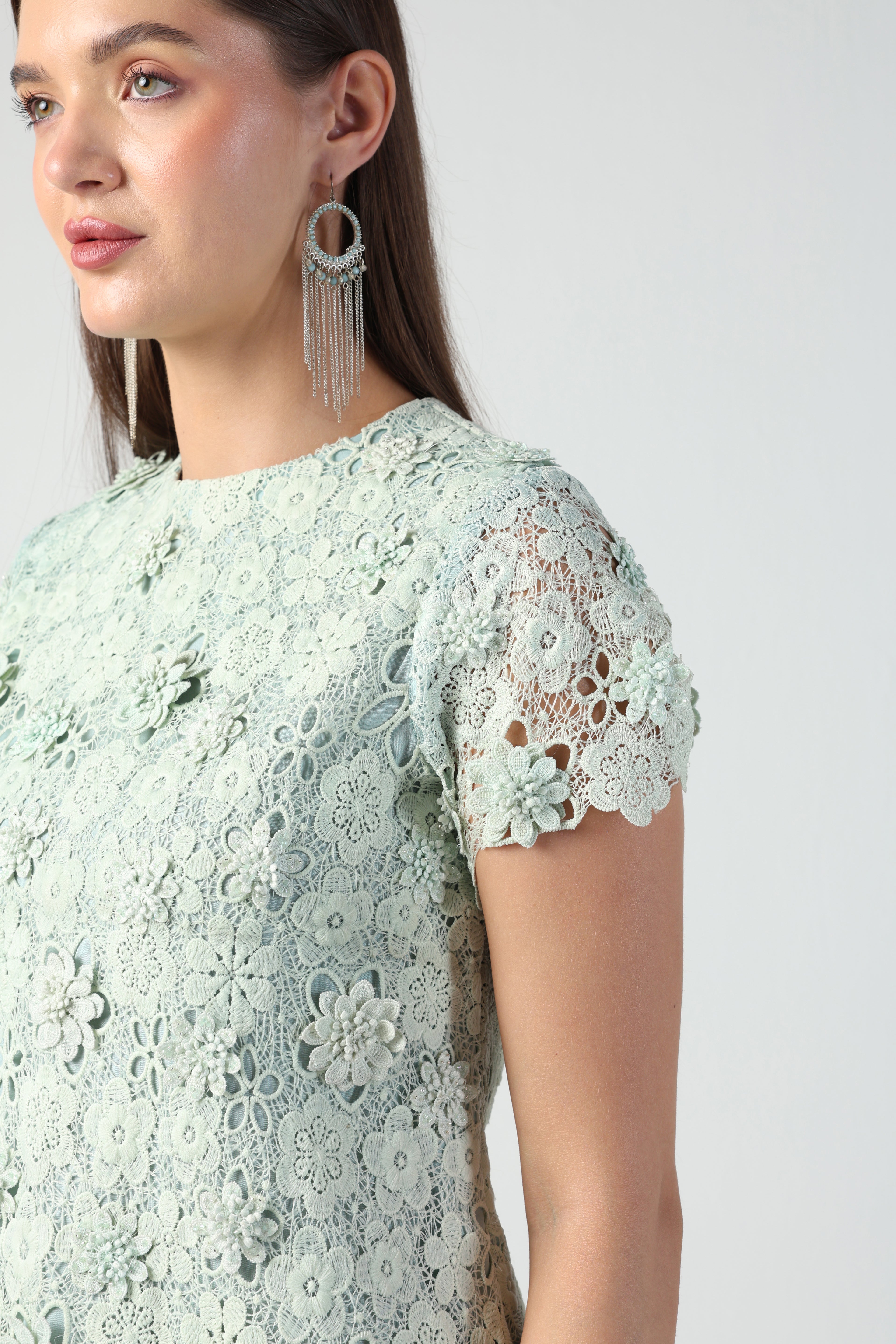 SERENA MINT GREEN 3D FLORAL CUTWORK LACE DRESS WITH RAFFIA
