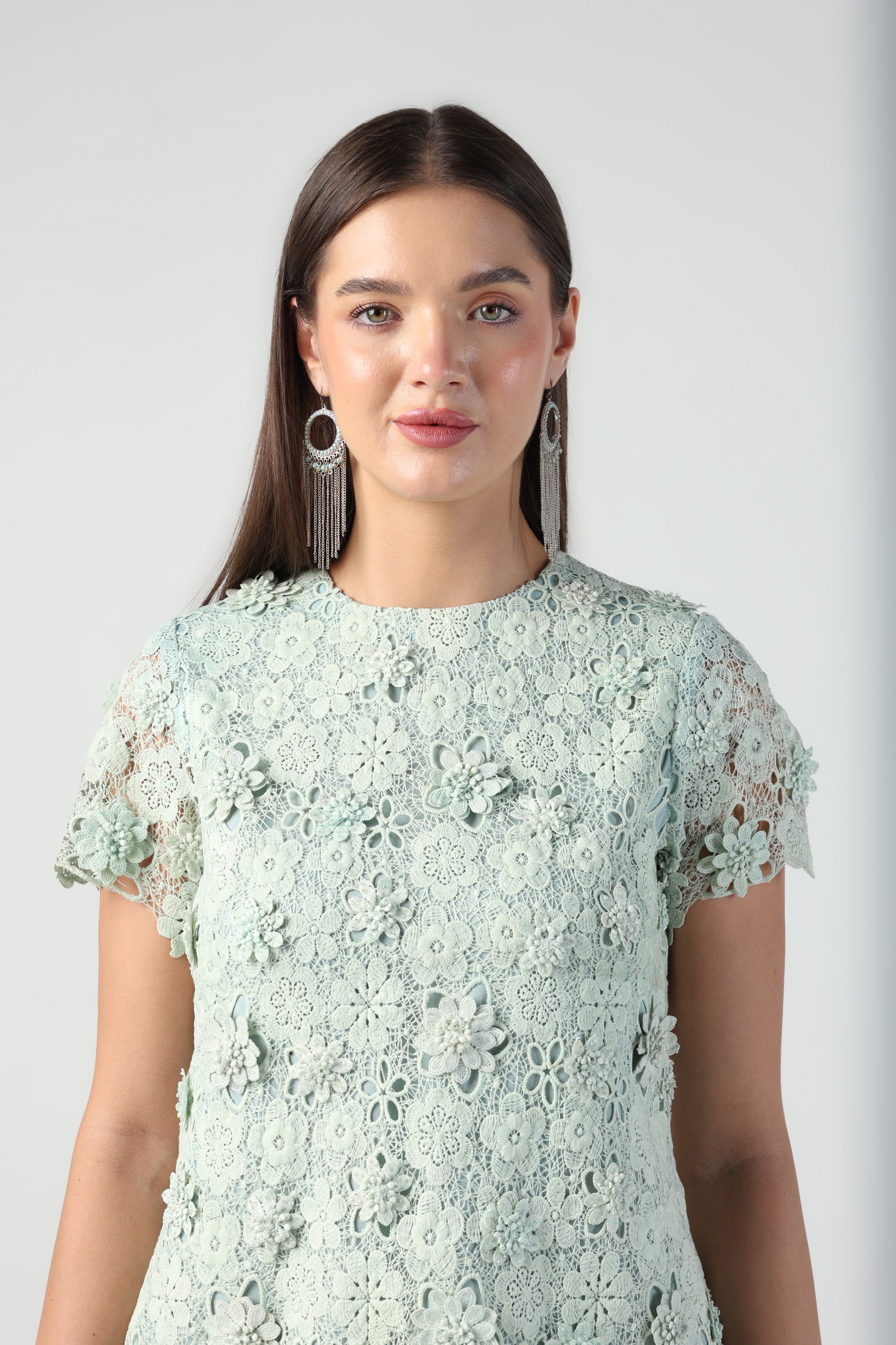 SERENA MINT GREEN 3D FLORAL CUTWORK LACE DRESS WITH RAFFIA