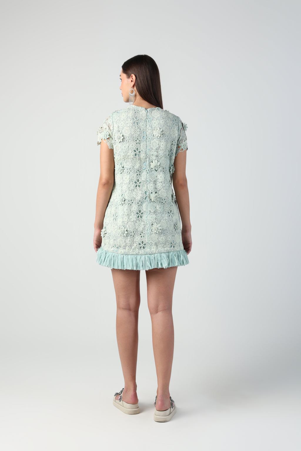 SERENA MINT GREEN 3D FLORAL CUTWORK LACE DRESS WITH RAFFIA