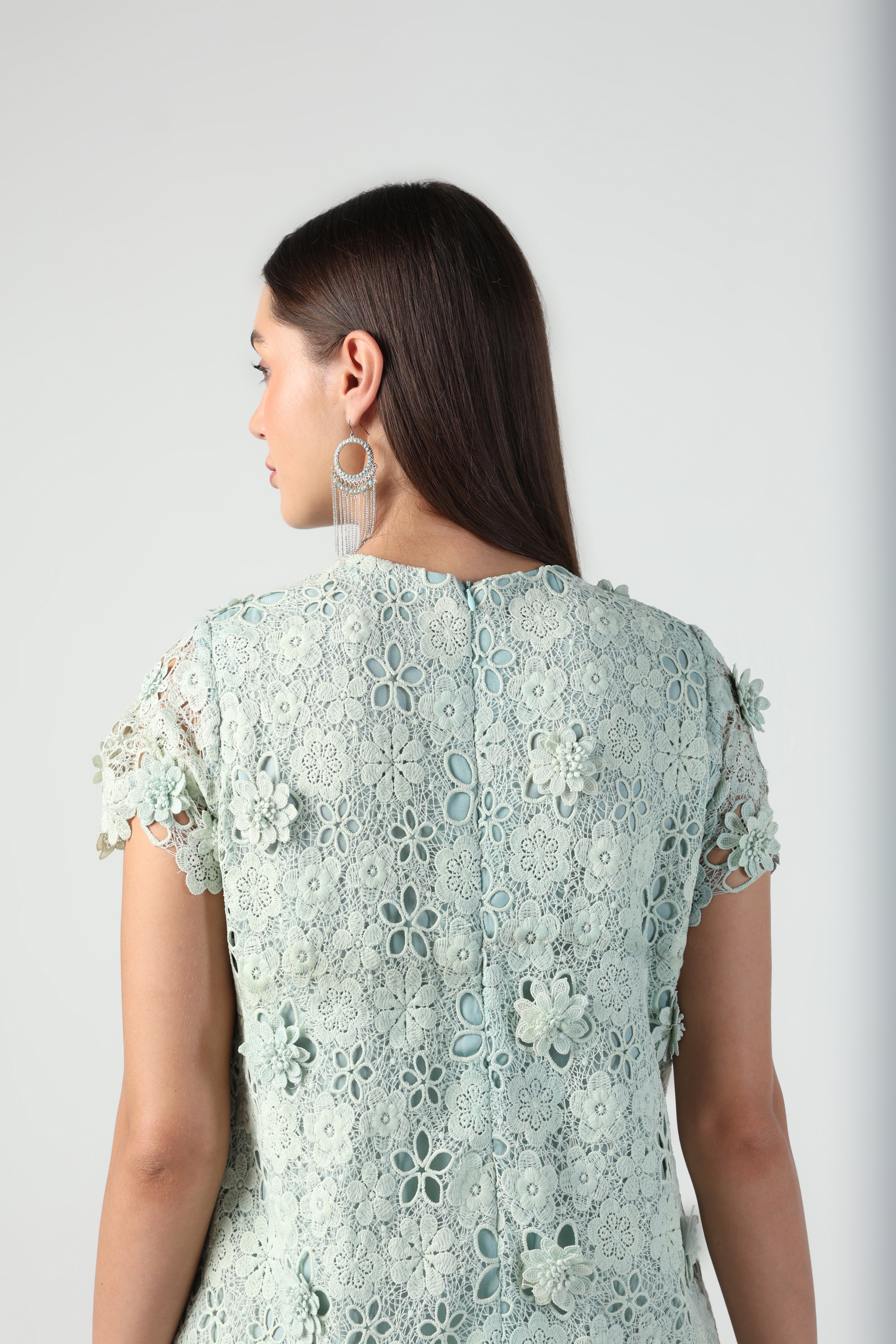 SERENA MINT GREEN 3D FLORAL CUTWORK LACE DRESS WITH RAFFIA