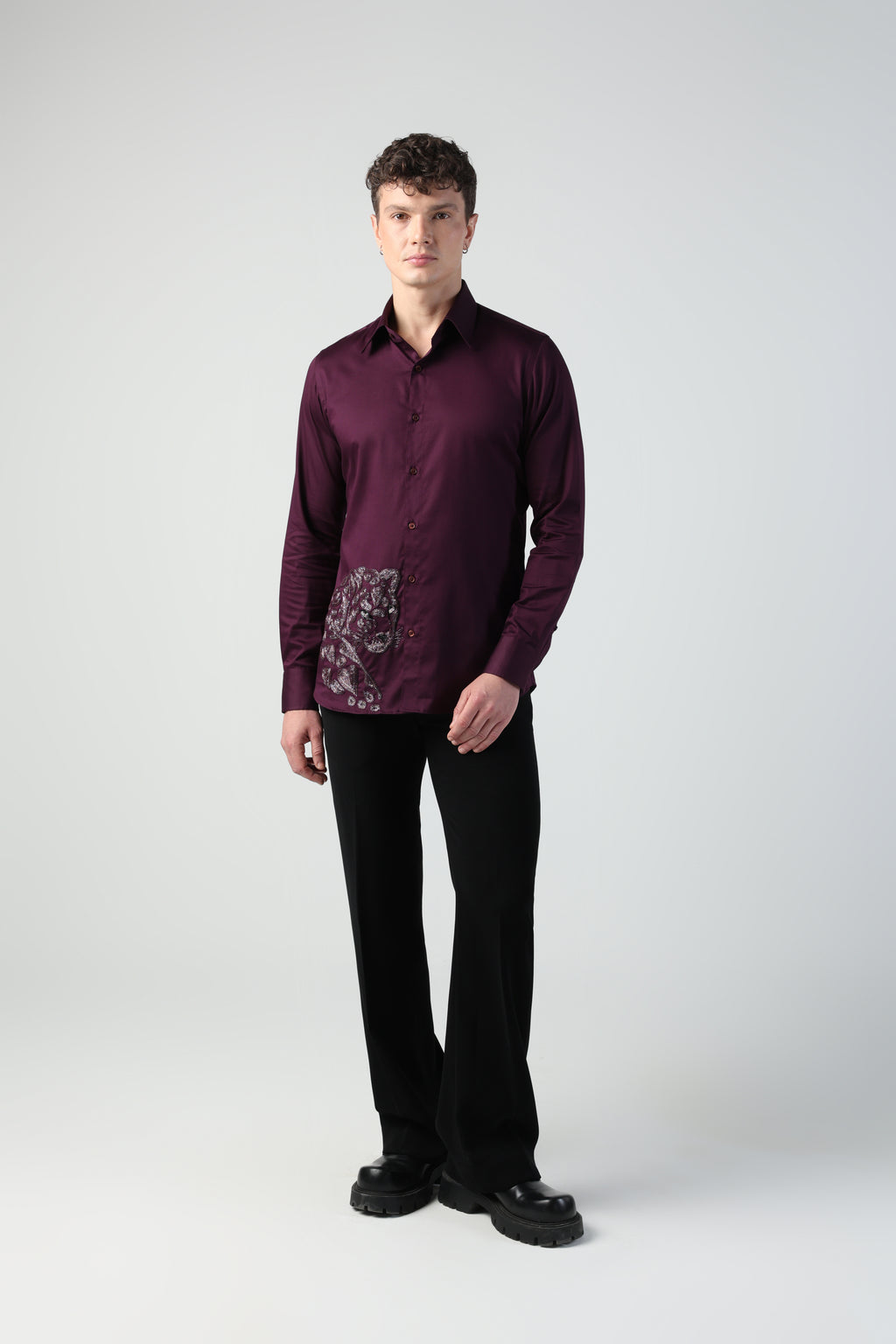 MARCO PURPLE WINE HEART PANTHER HAND EMBROIDERED SHIRT