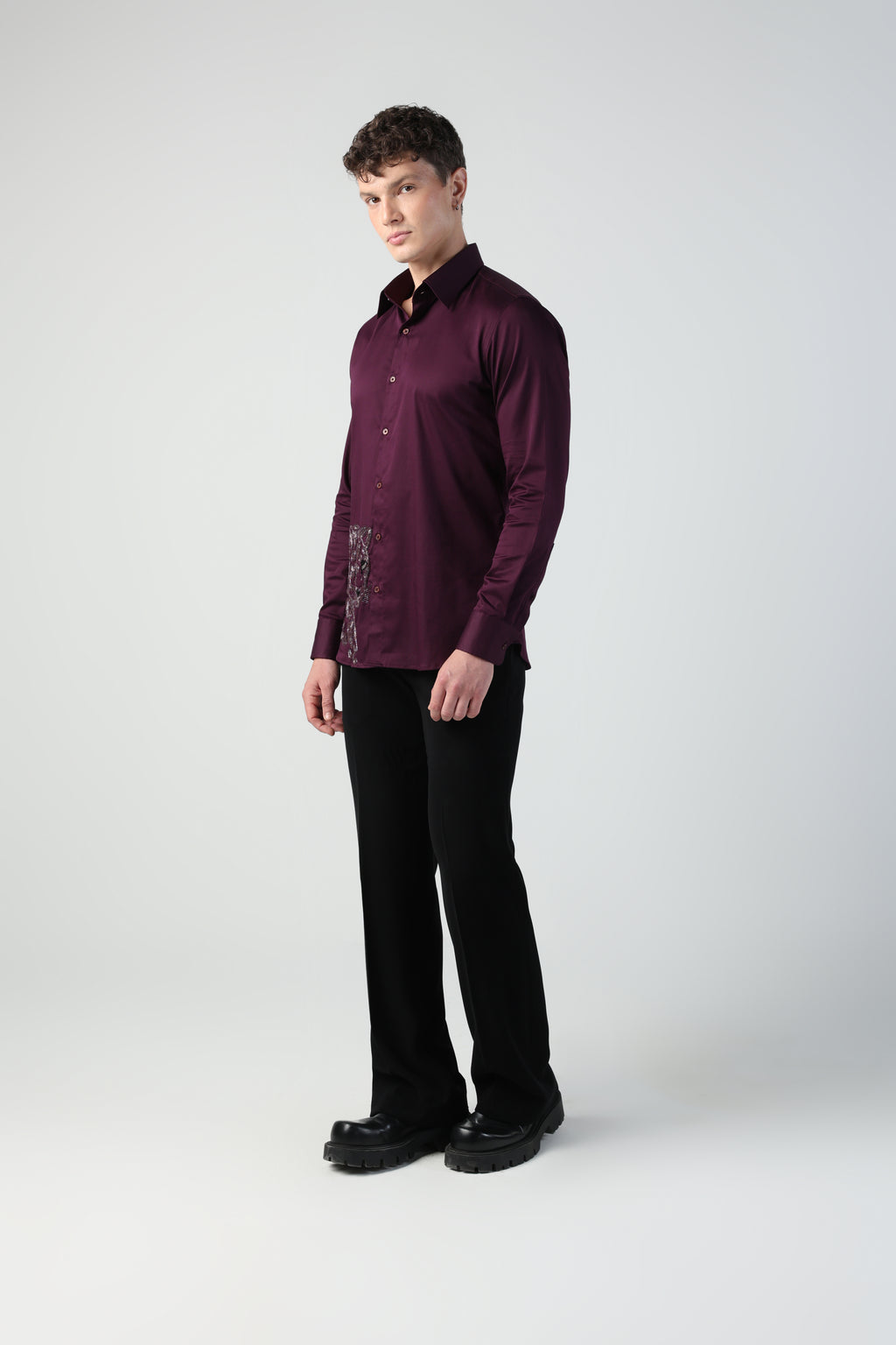 MARCO PURPLE WINE HEART PANTHER HAND EMBROIDERED SHIRT