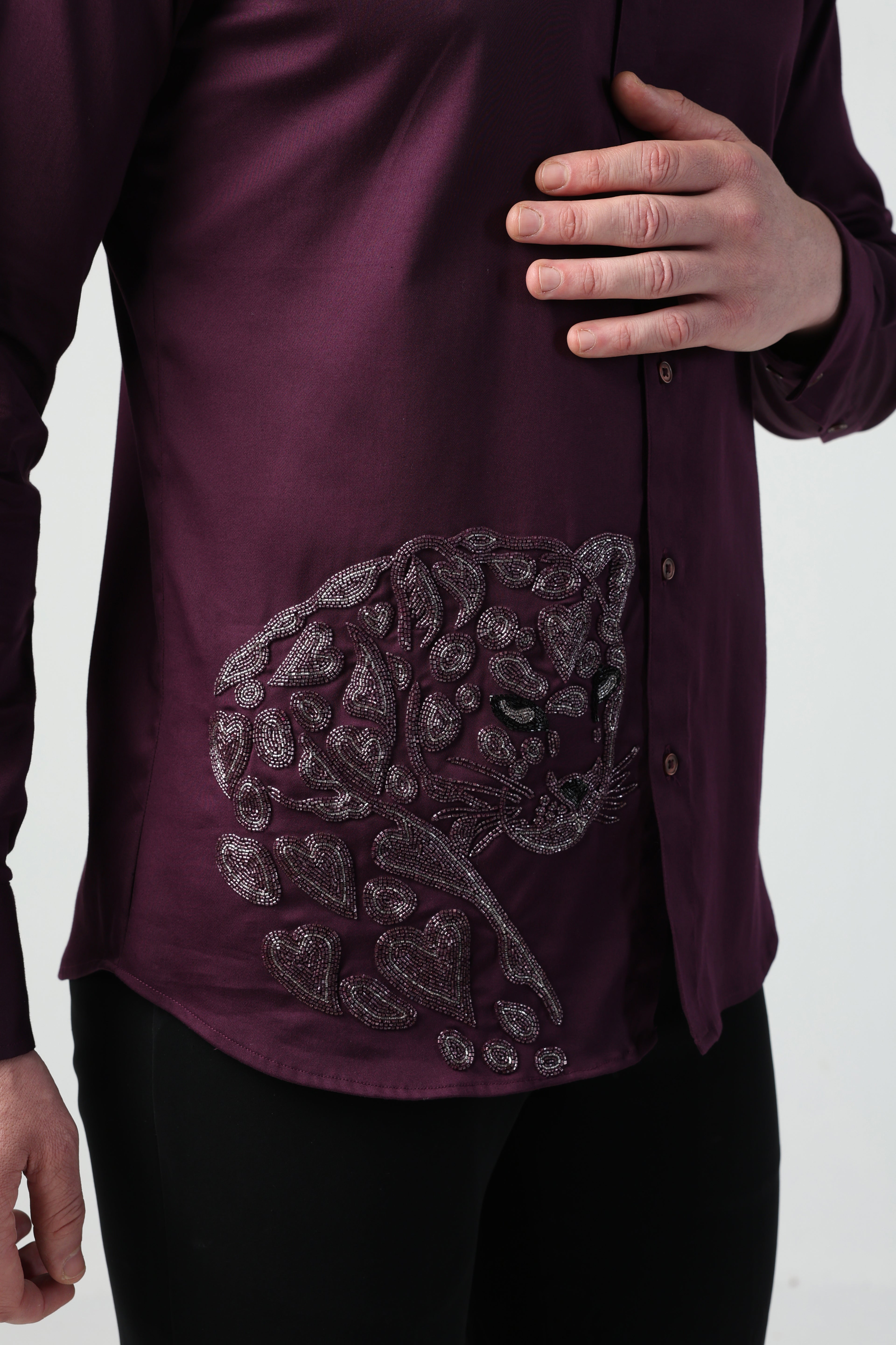 MARCO PURPLE WINE HEART PANTHER HAND EMBROIDERED SHIRT