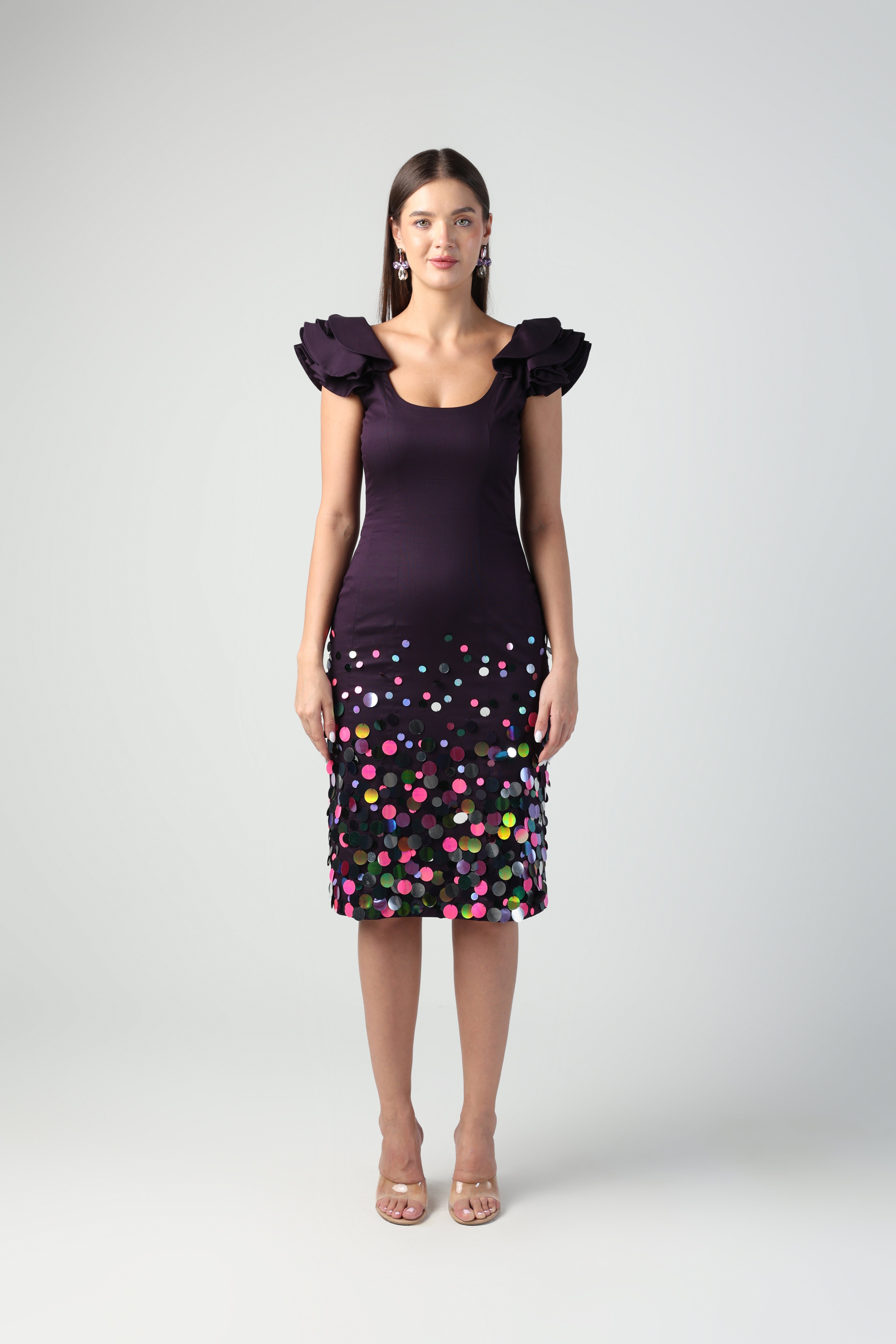 ELENORA DARK PURPLE SEQUIN MIDI DRESS