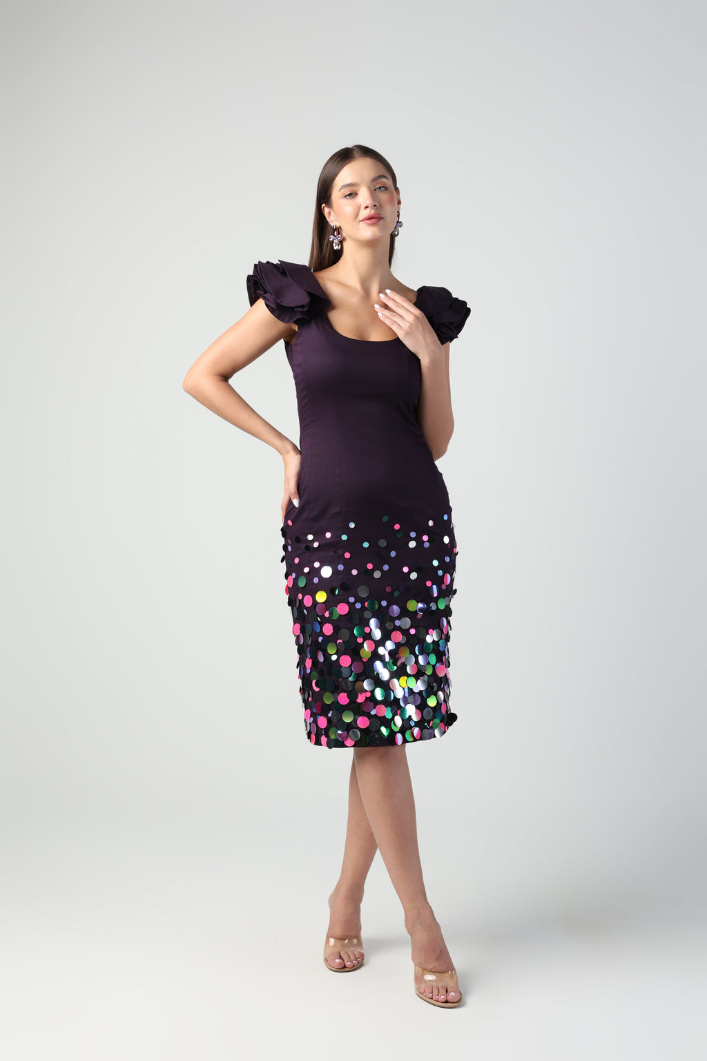 ELENORA DARK PURPLE SEQUIN MIDI DRESS