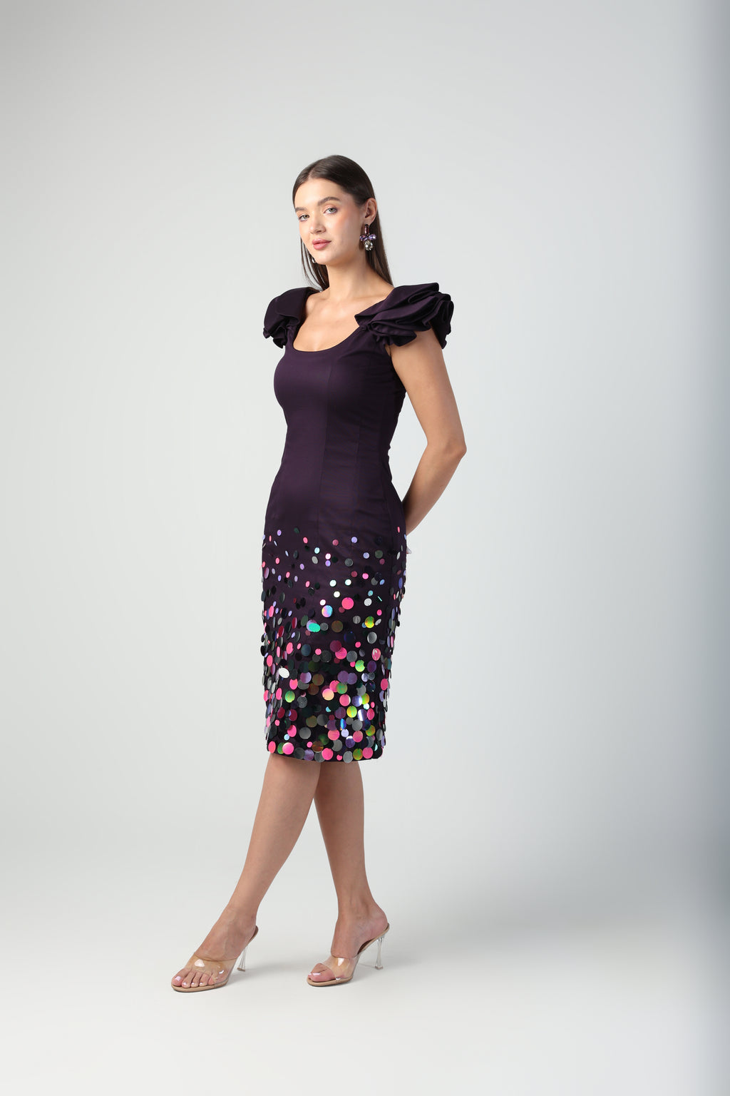 ELENORA DARK PURPLE SEQUIN MIDI DRESS