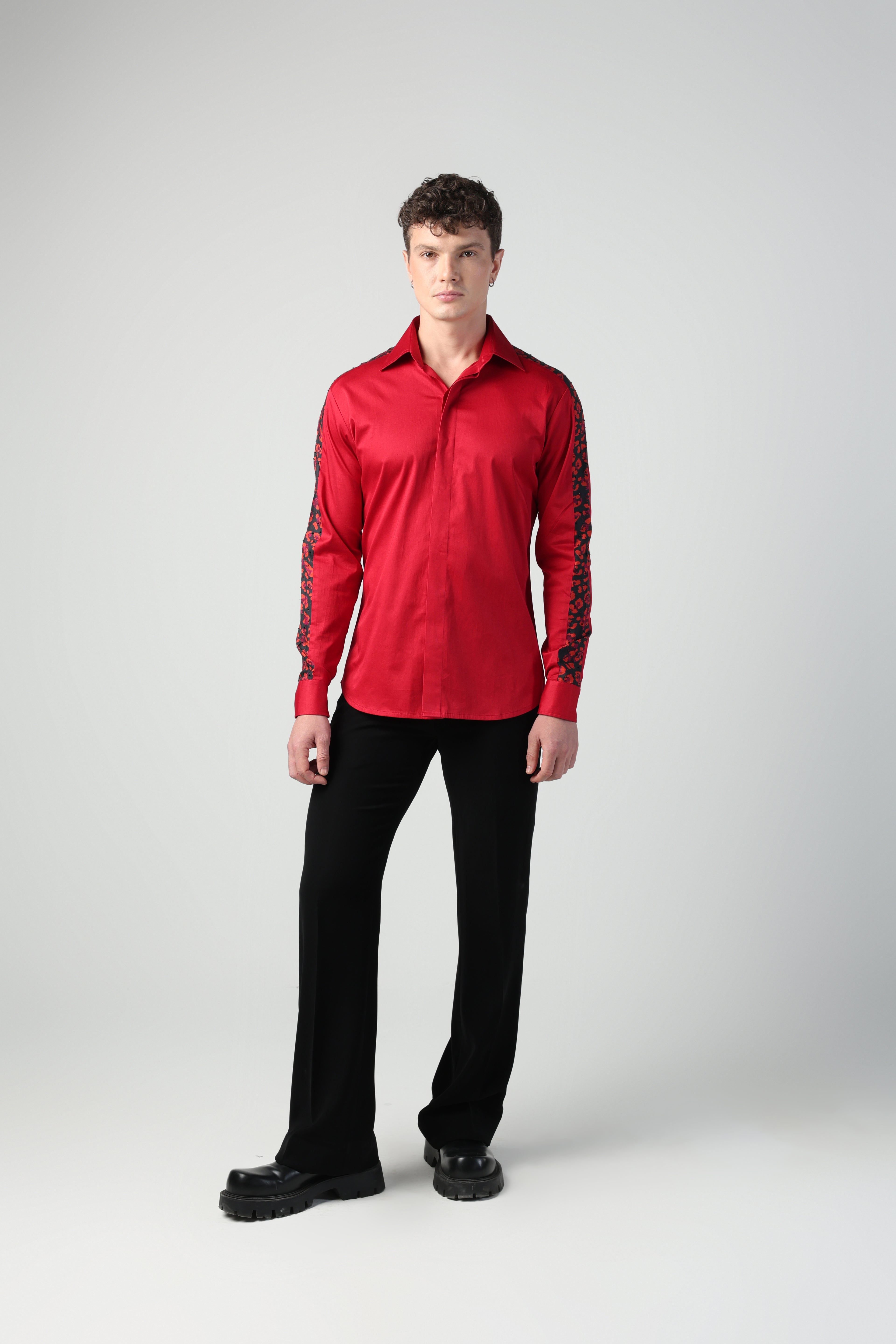 LEO RED HAND EMROIDERED CUSTOM CHEETAH PRINTED PATTERN SHIRT