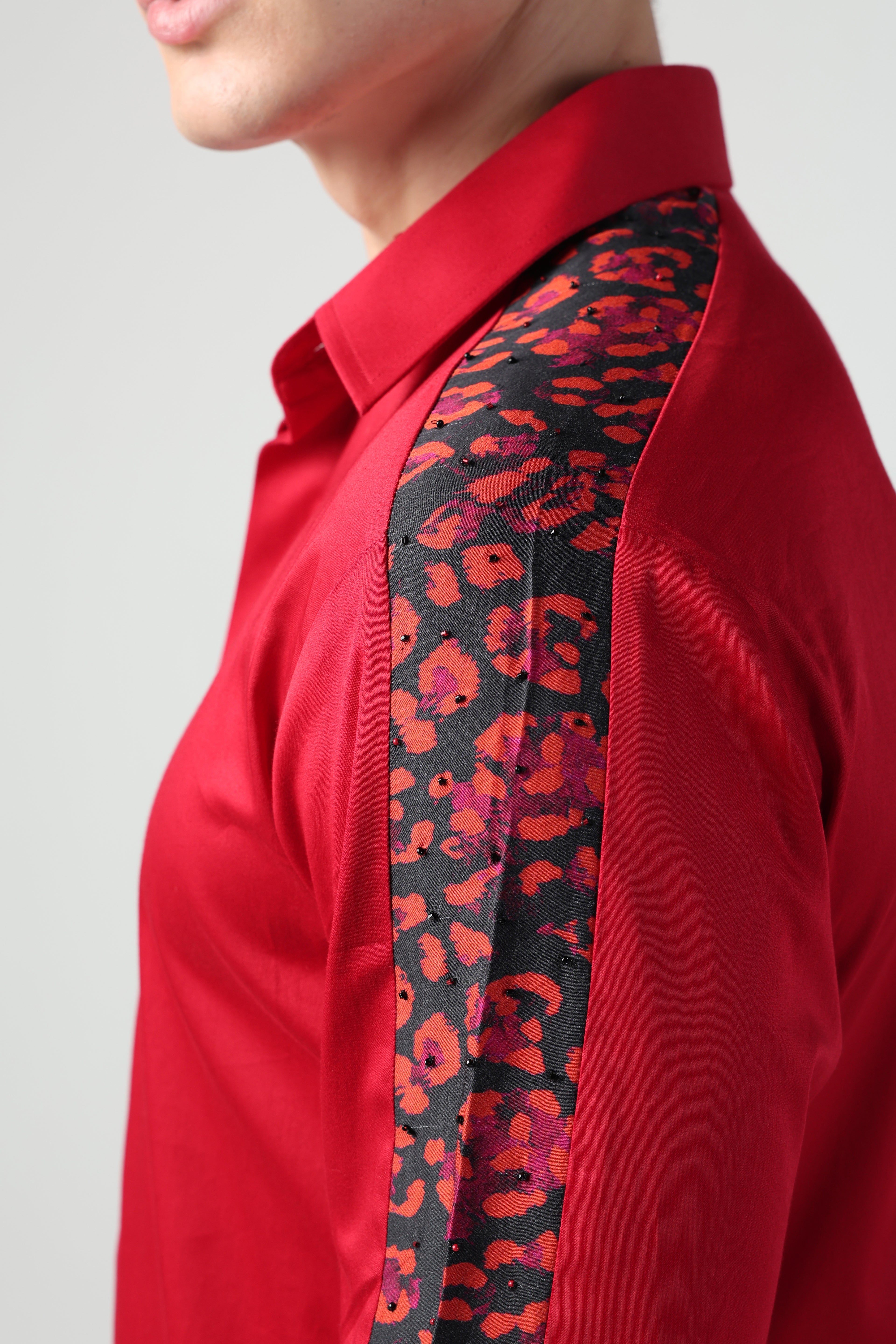 LEO RED HAND EMROIDERED CUSTOM CHEETAH PRINTED PATTERN SHIRT