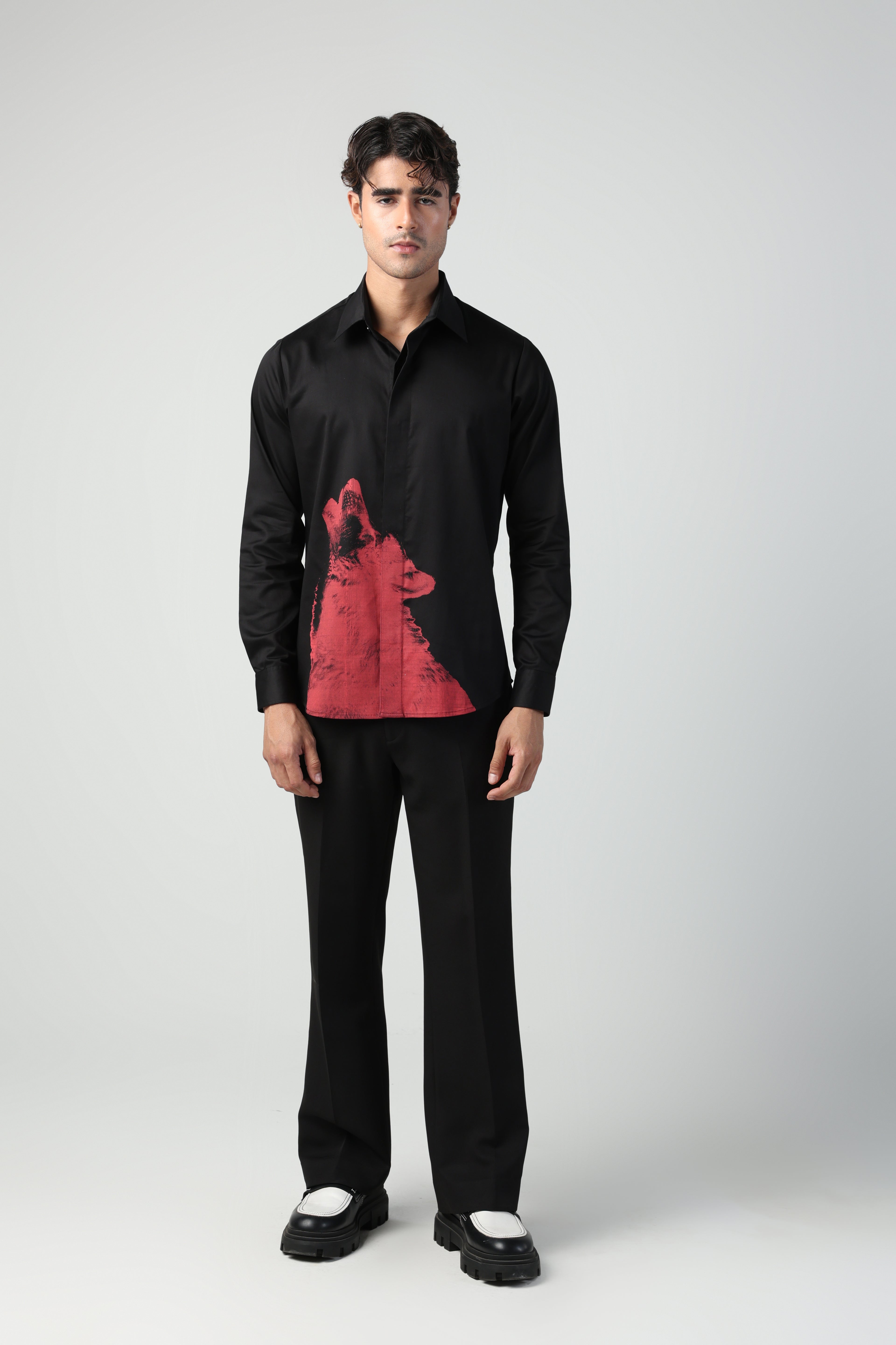 RENATO BLACK AND RED WOLF PRINTED SHIRT