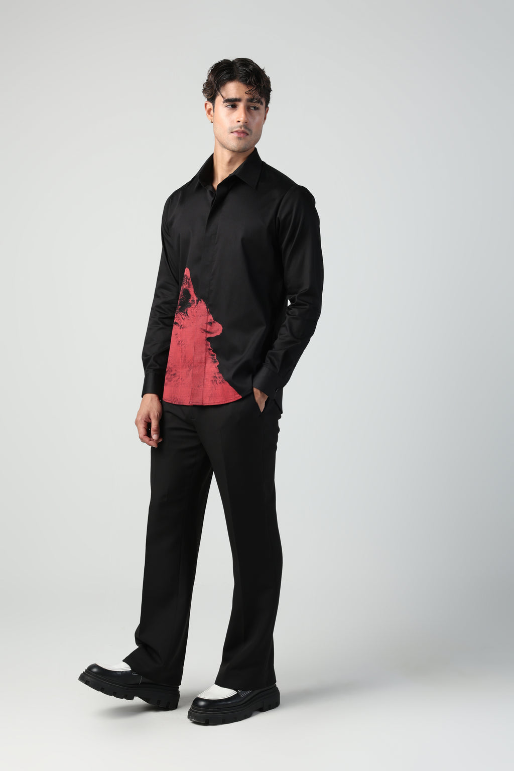 RENATO BLACK AND RED WOLF PRINTED SHIRT