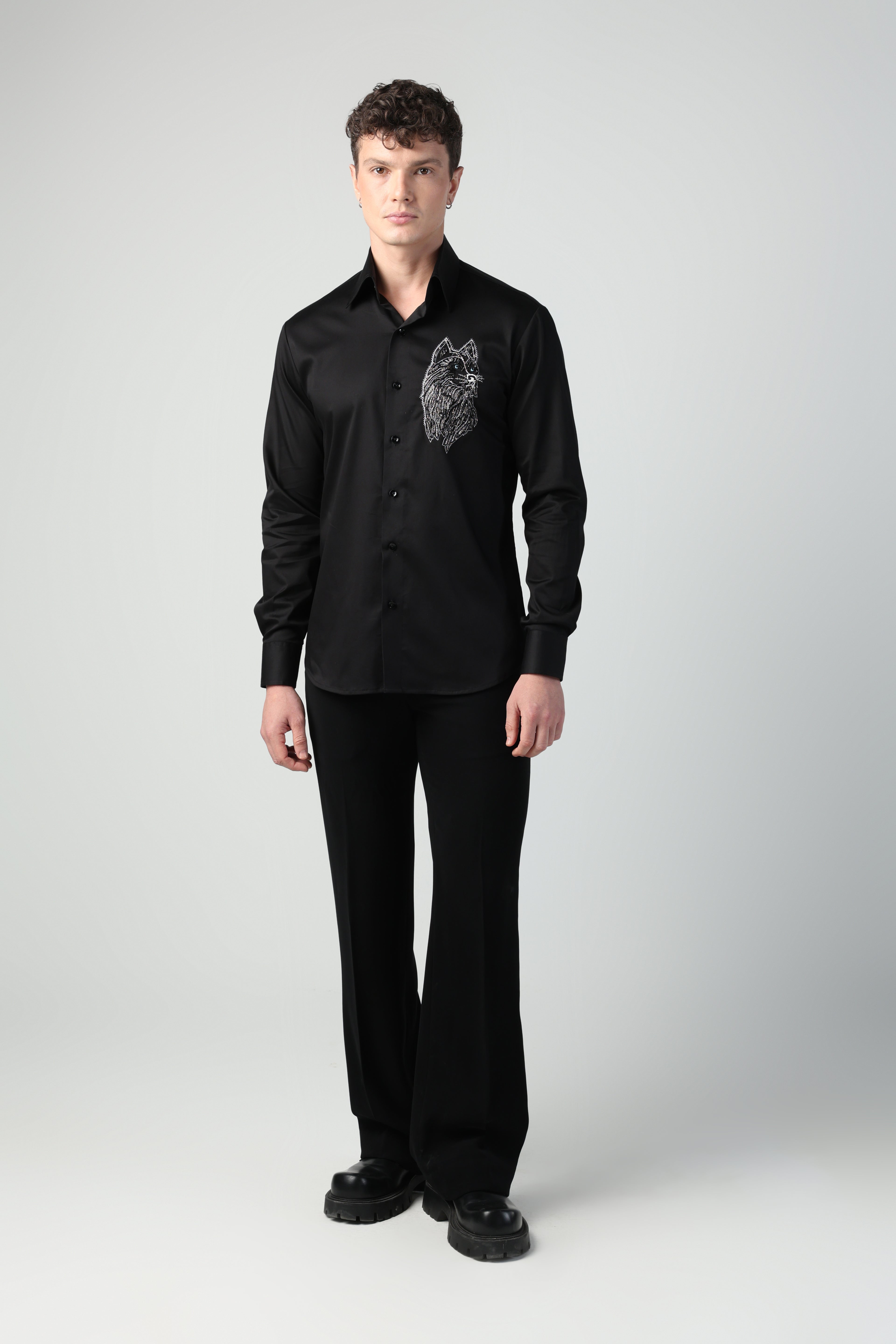 AKIRA BLACK HUSKY DOG HAND EMBROIDERED SHIRT (PET SPECIAL)