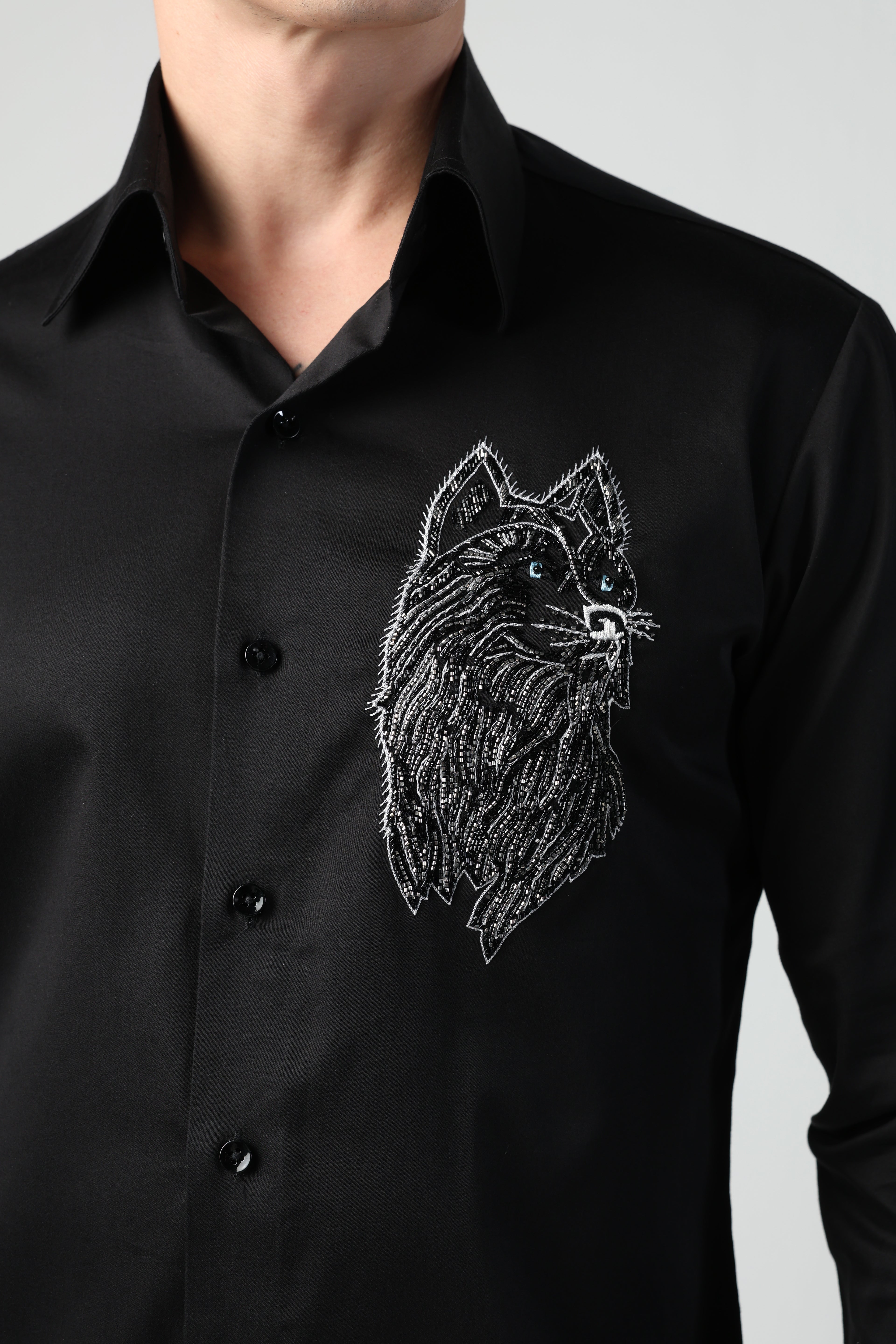 AKIRA BLACK HUSKY DOG HAND EMBROIDERED SHIRT (PET SPECIAL)