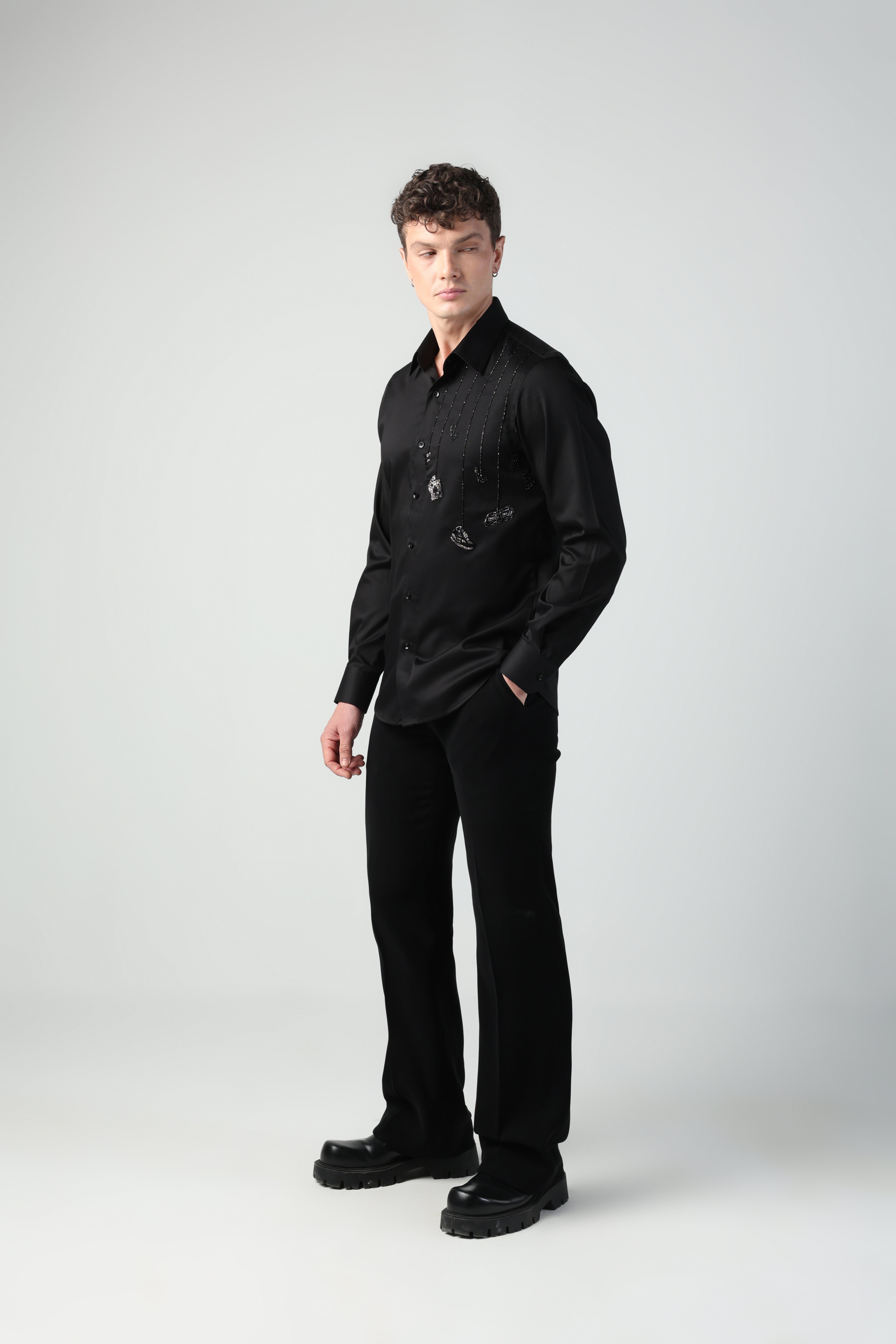 CESARE BLACK ALL THINGS MEN HANGING FLLAE HAND EMBROIDERED SHIRT