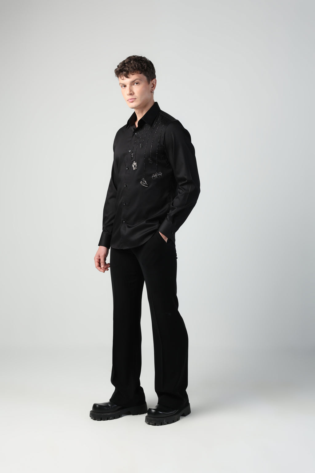 CESARE BLACK ALL THINGS MEN HANGING FLLAE HAND EMBROIDERED SHIRT