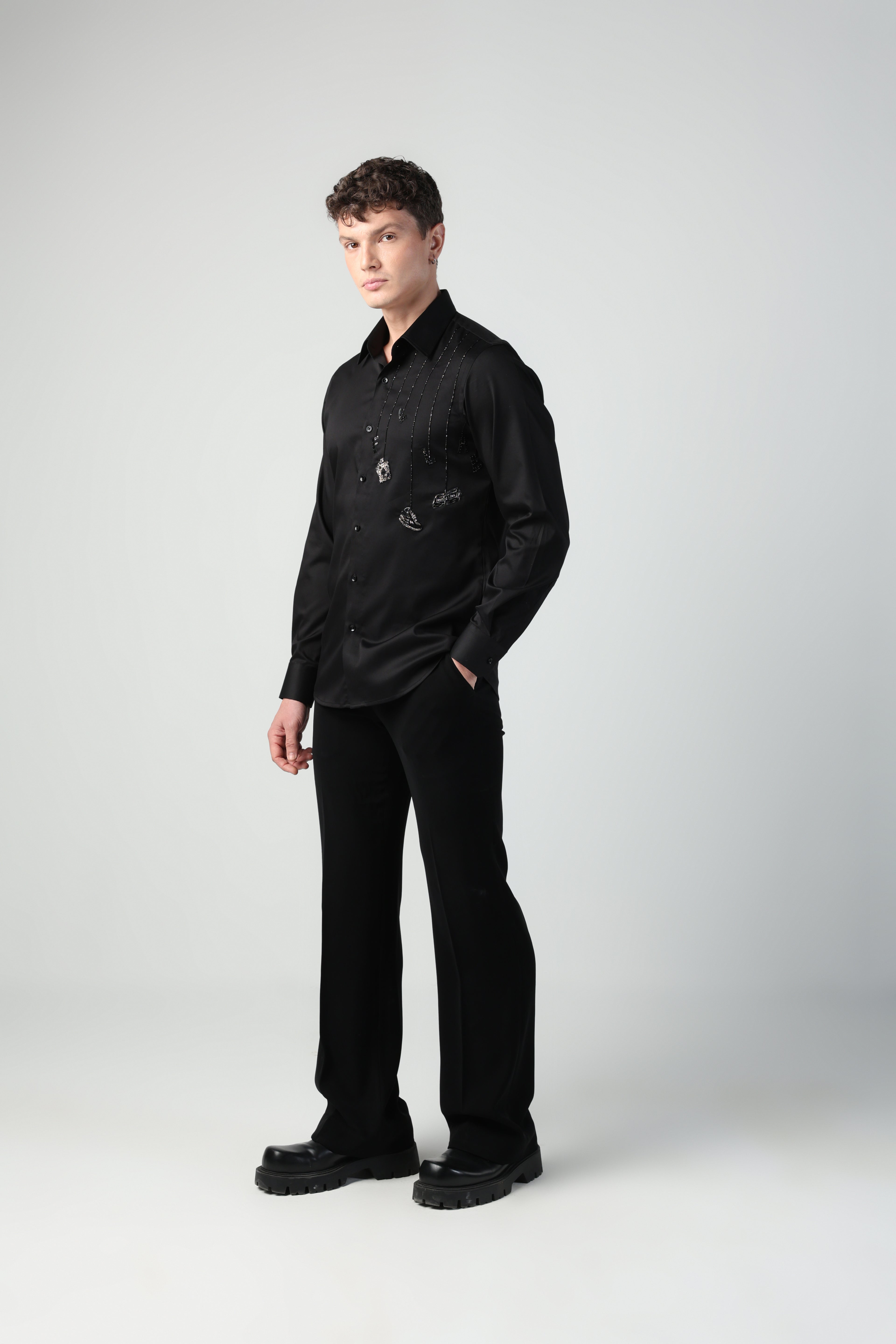 CESARE BLACK ALL THINGS MEN HANGING FLLAE HAND EMBROIDERED SHIRT