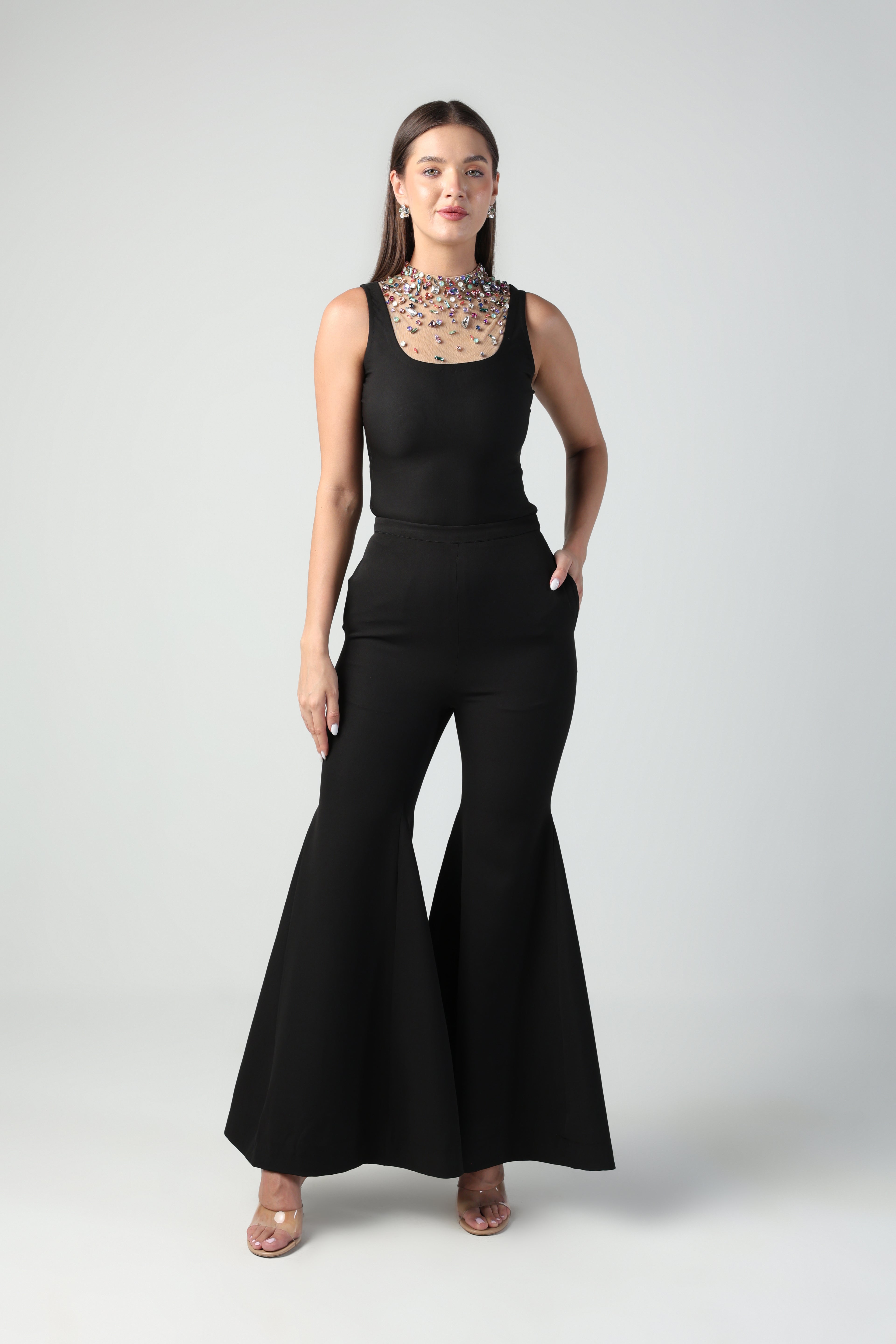 AZZURRA MULTI COLOR SWAROVSKI CRYSTAL SLEEVELESS BODYSUIT AND PANT CO-ORD SET