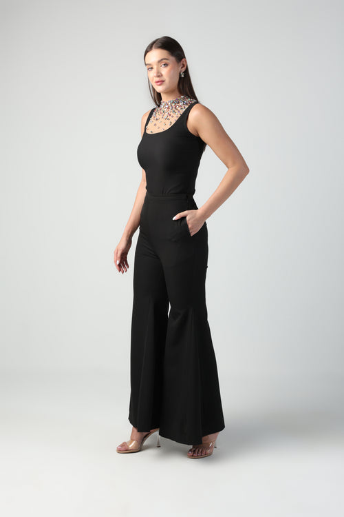 AZZURRA MULTI COLOR SWAROVSKI CRYSTAL SLEEVELESS BODYSUIT AND PANT CO-ORD SET
