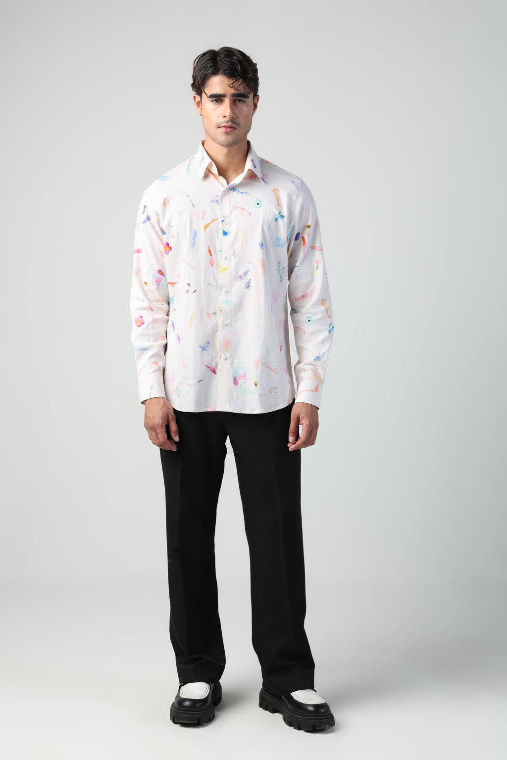 CIRO BRUSH STROKE PRINT LYCRA LINEN FULL SLEEVE SHIRT