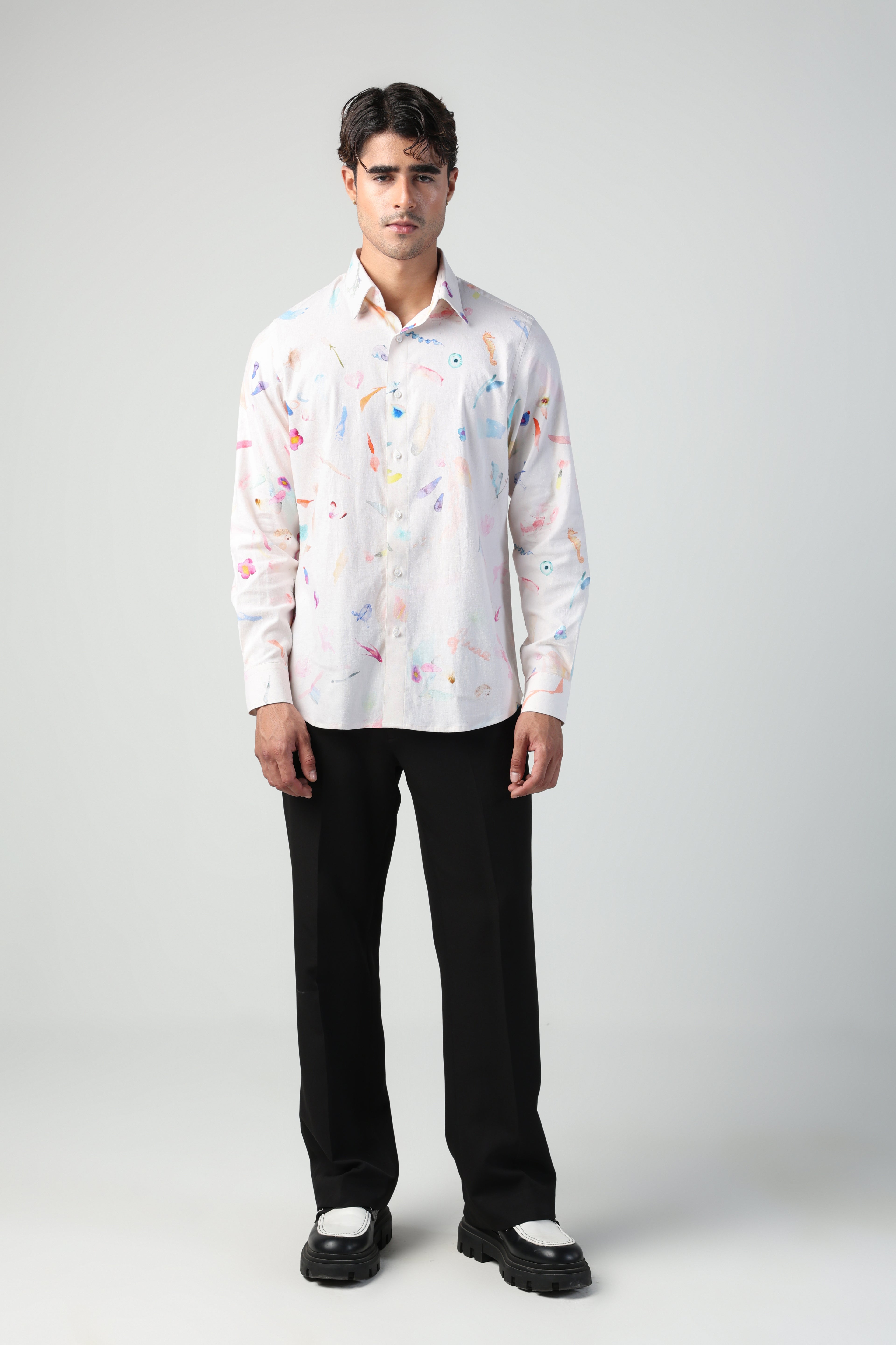 CIRO BRUSH STROKE PRINT LYCRA LINEN FULL SLEEVE SHIRT