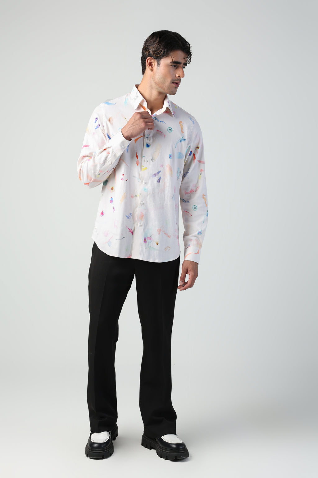 CIRO BRUSH STROKE PRINT LYCRA LINEN FULL SLEEVE SHIRT