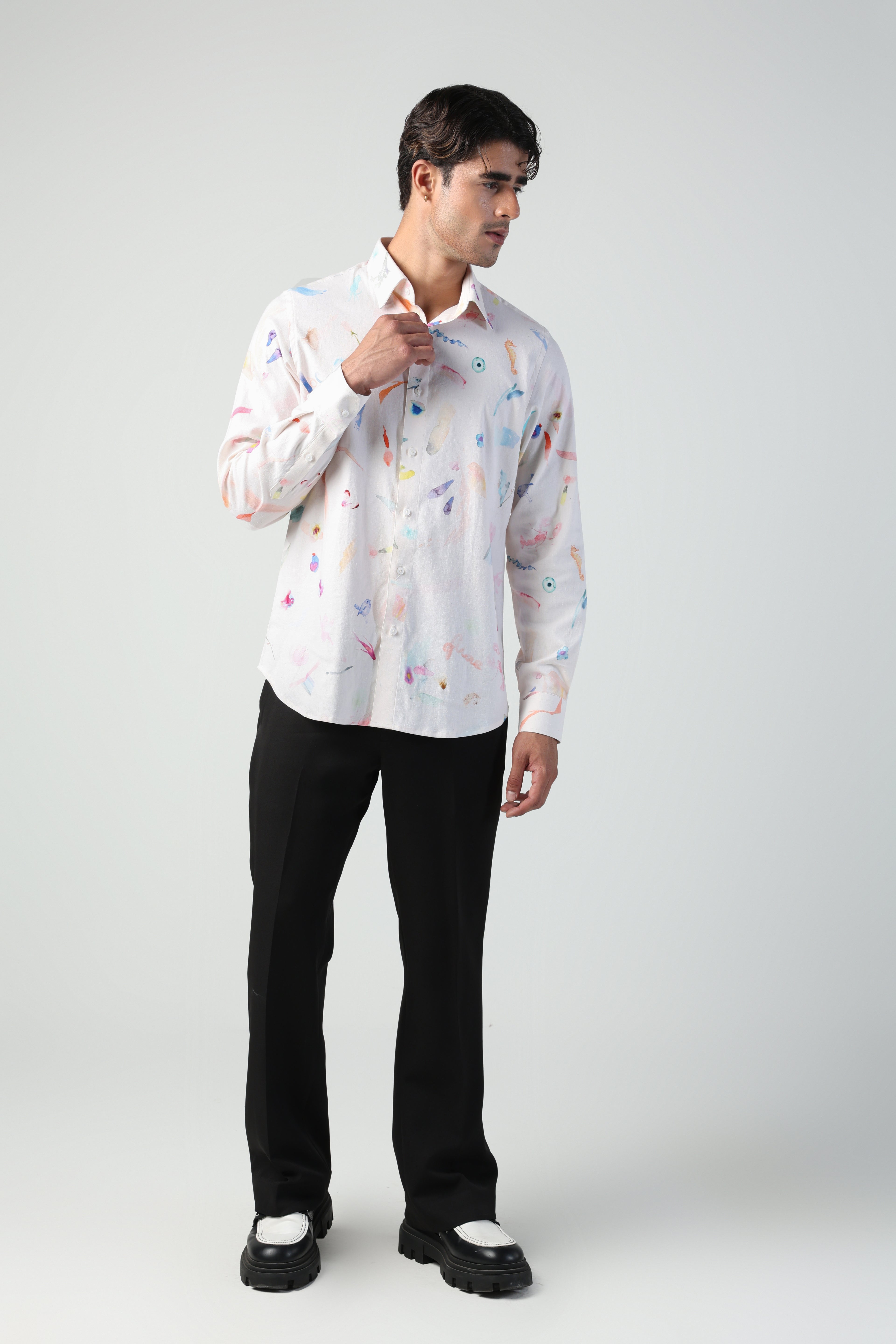 CIRO BRUSH STROKE PRINT LYCRA LINEN FULL SLEEVE SHIRT
