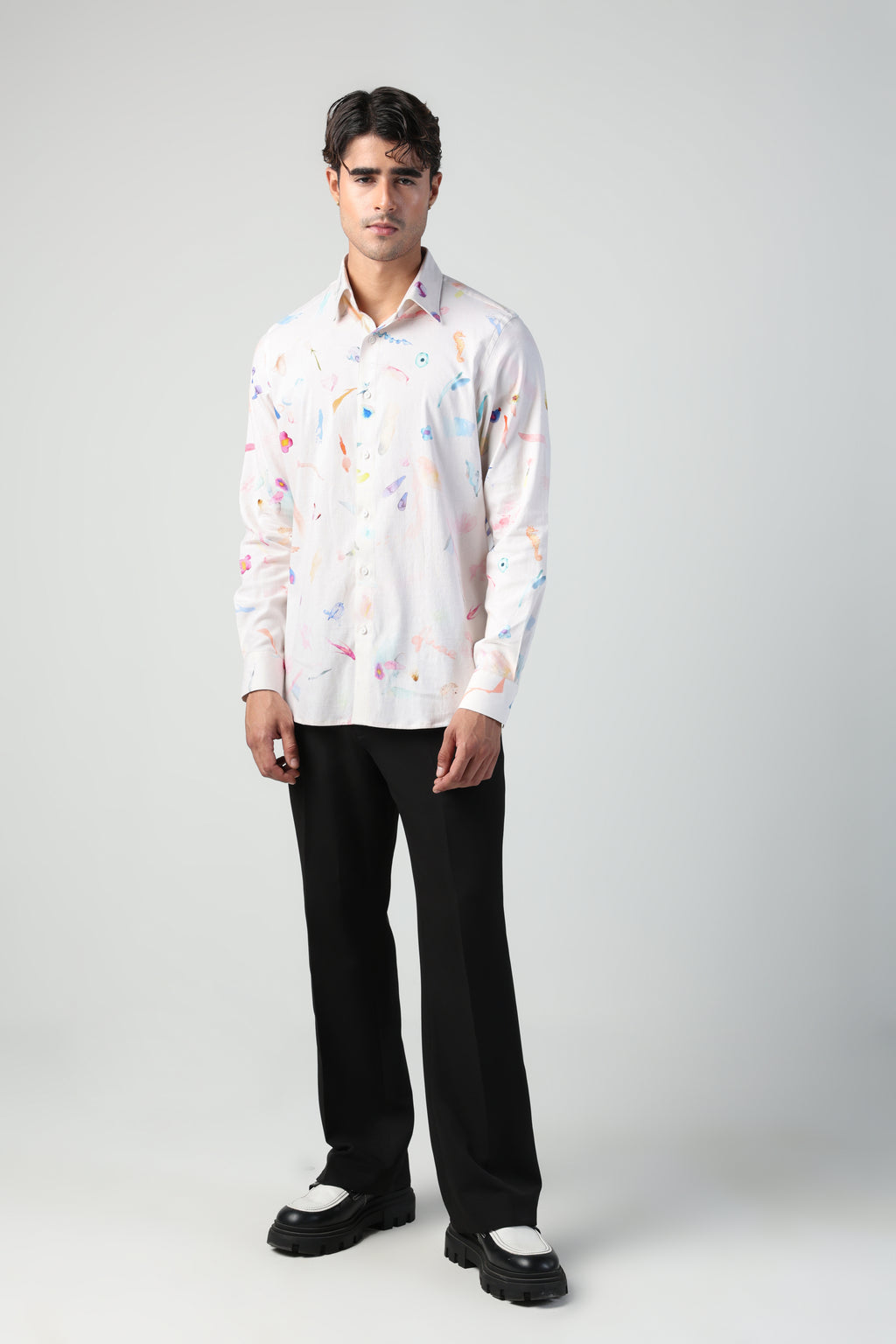 CIRO BRUSH STROKE PRINT LYCRA LINEN FULL SLEEVE SHIRT