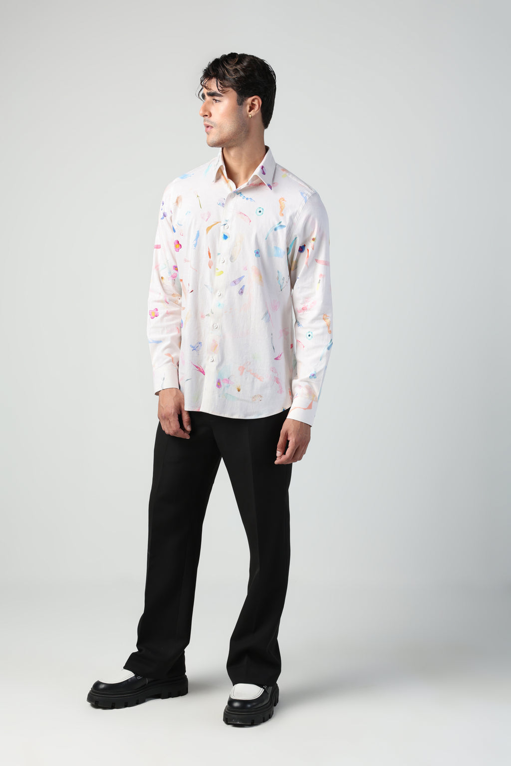CIRO BRUSH STROKE PRINT LYCRA LINEN FULL SLEEVE SHIRT
