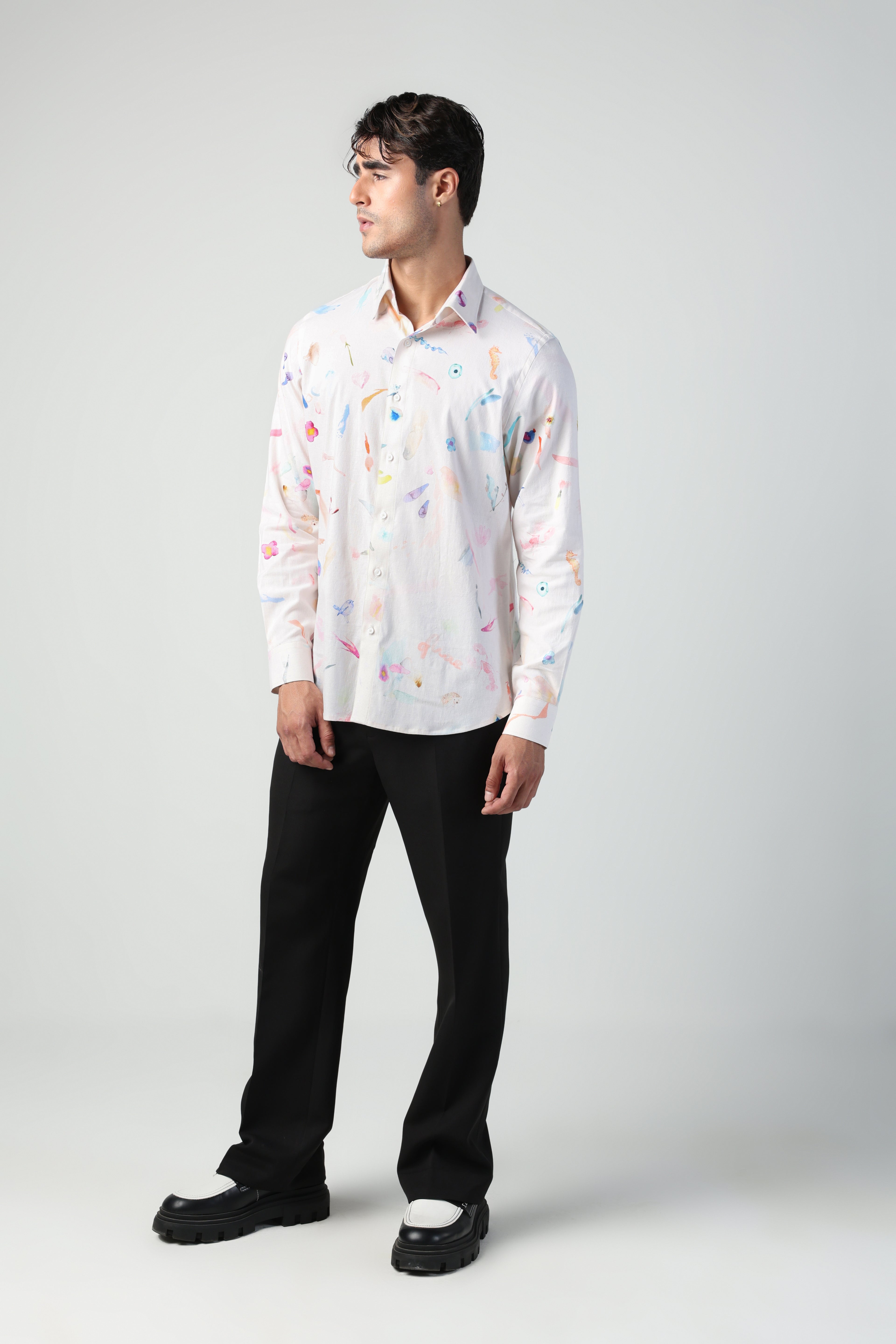 CIRO BRUSH STROKE PRINT LYCRA LINEN FULL SLEEVE SHIRT