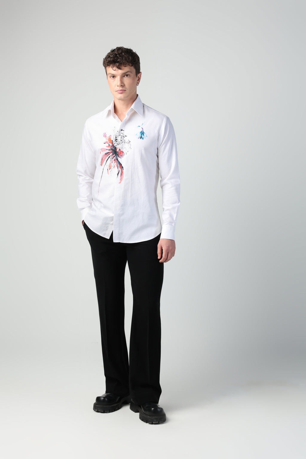 ORESTE WHITE ABSTRACT FLORAL ARTWORK WITH BIRD PRINTED FULL SLEEVE SHIRT