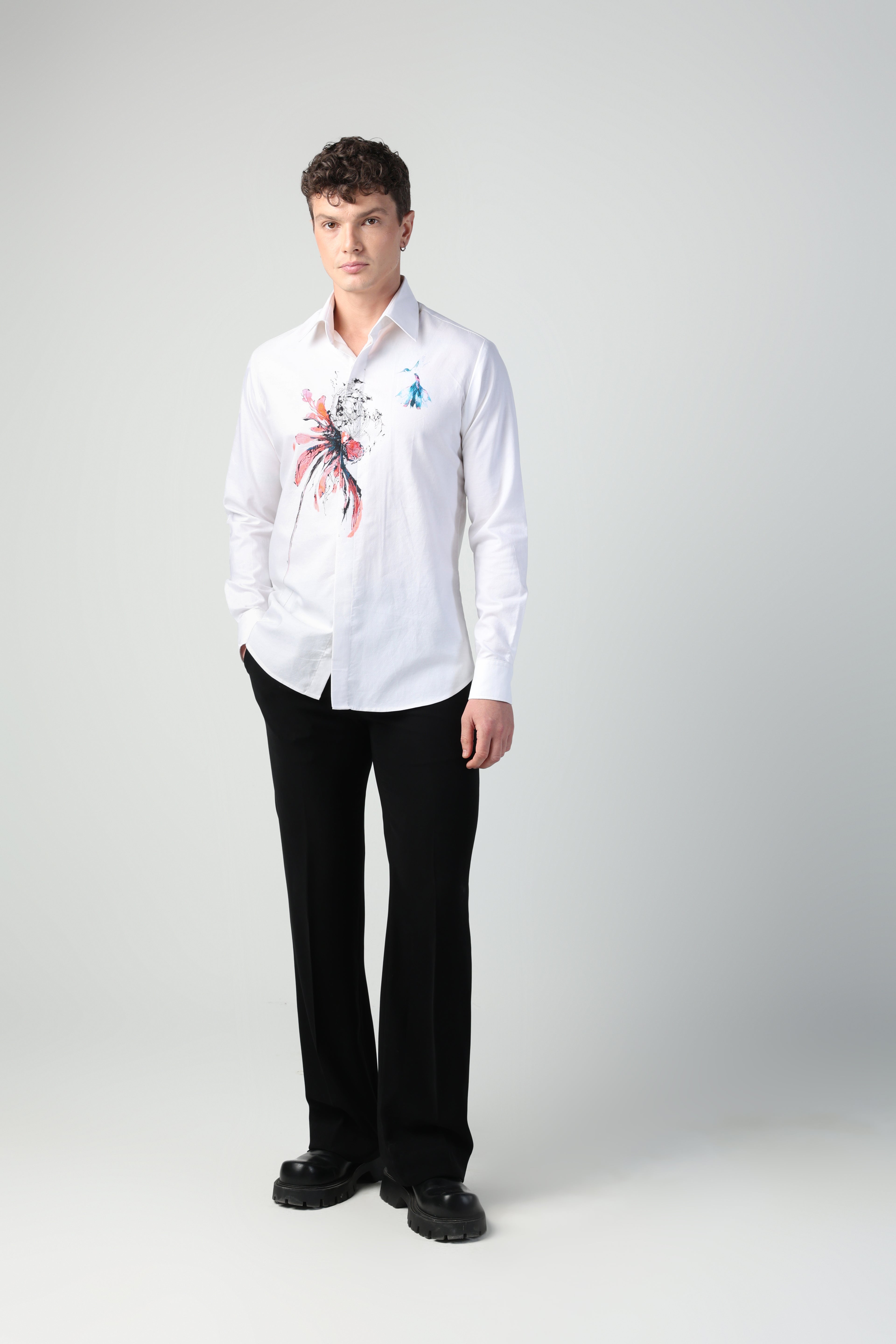 ORESTE WHITE ABSTRACT FLORAL ARTWORK WITH BIRD PRINTED FULL SLEEVE SHIRT