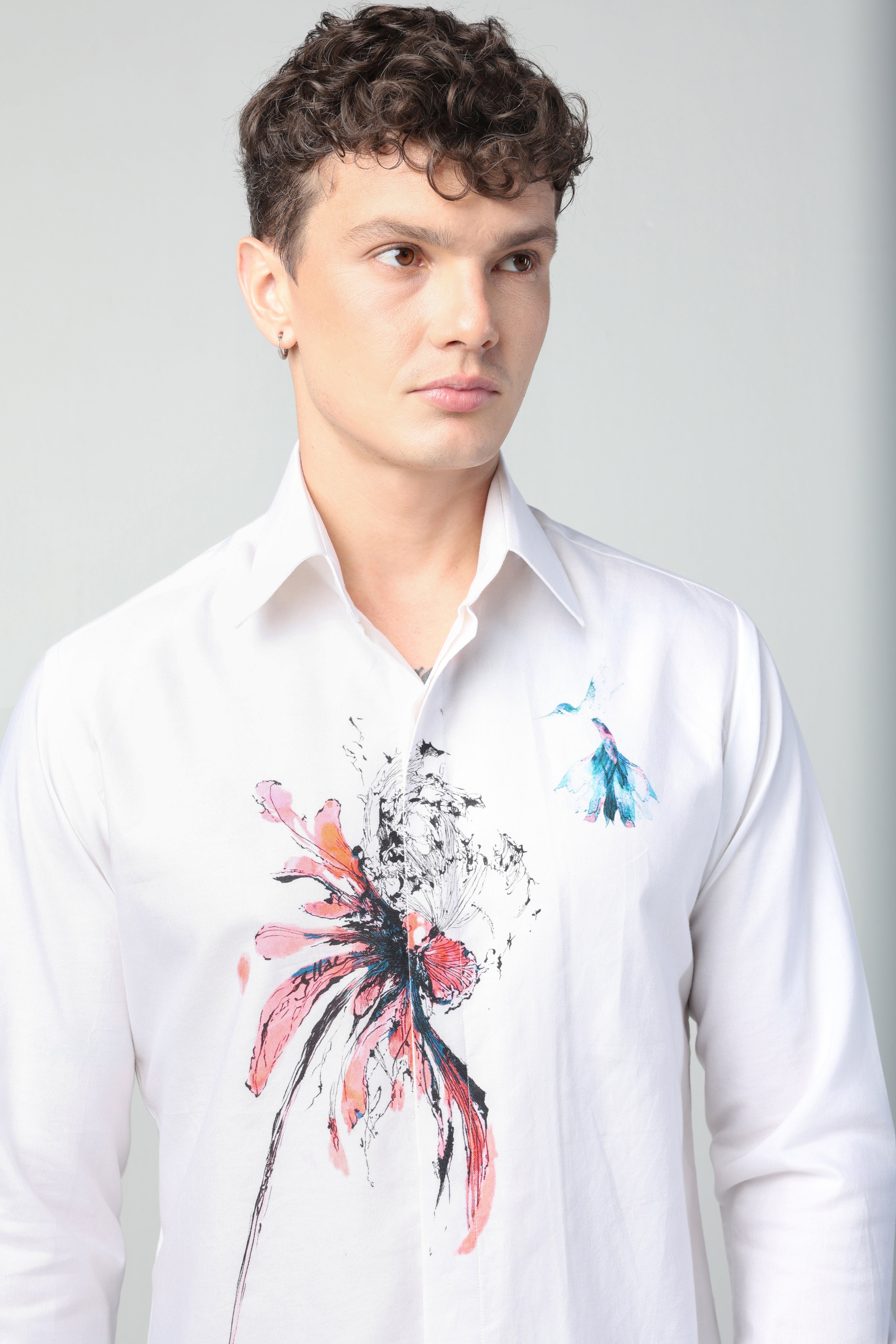 ORESTE WHITE ABSTRACT FLORAL ARTWORK WITH BIRD PRINTED FULL SLEEVE SHIRT