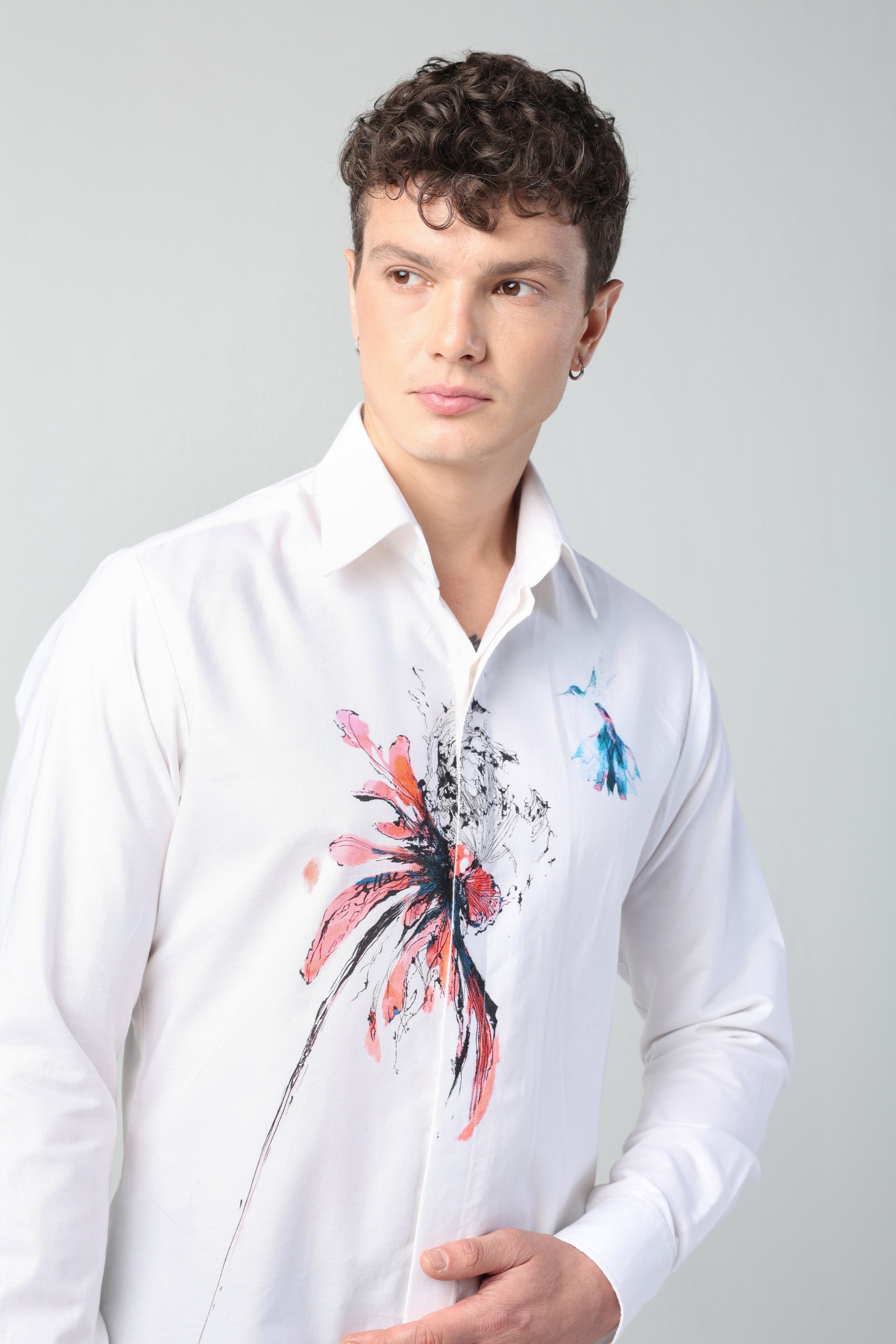 ORESTE WHITE ABSTRACT FLORAL ARTWORK WITH BIRD PRINTED FULL SLEEVE SHIRT