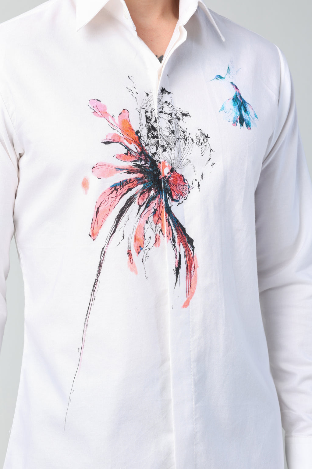 ORESTE WHITE ABSTRACT FLORAL ARTWORK WITH BIRD PRINTED FULL SLEEVE SHIRT