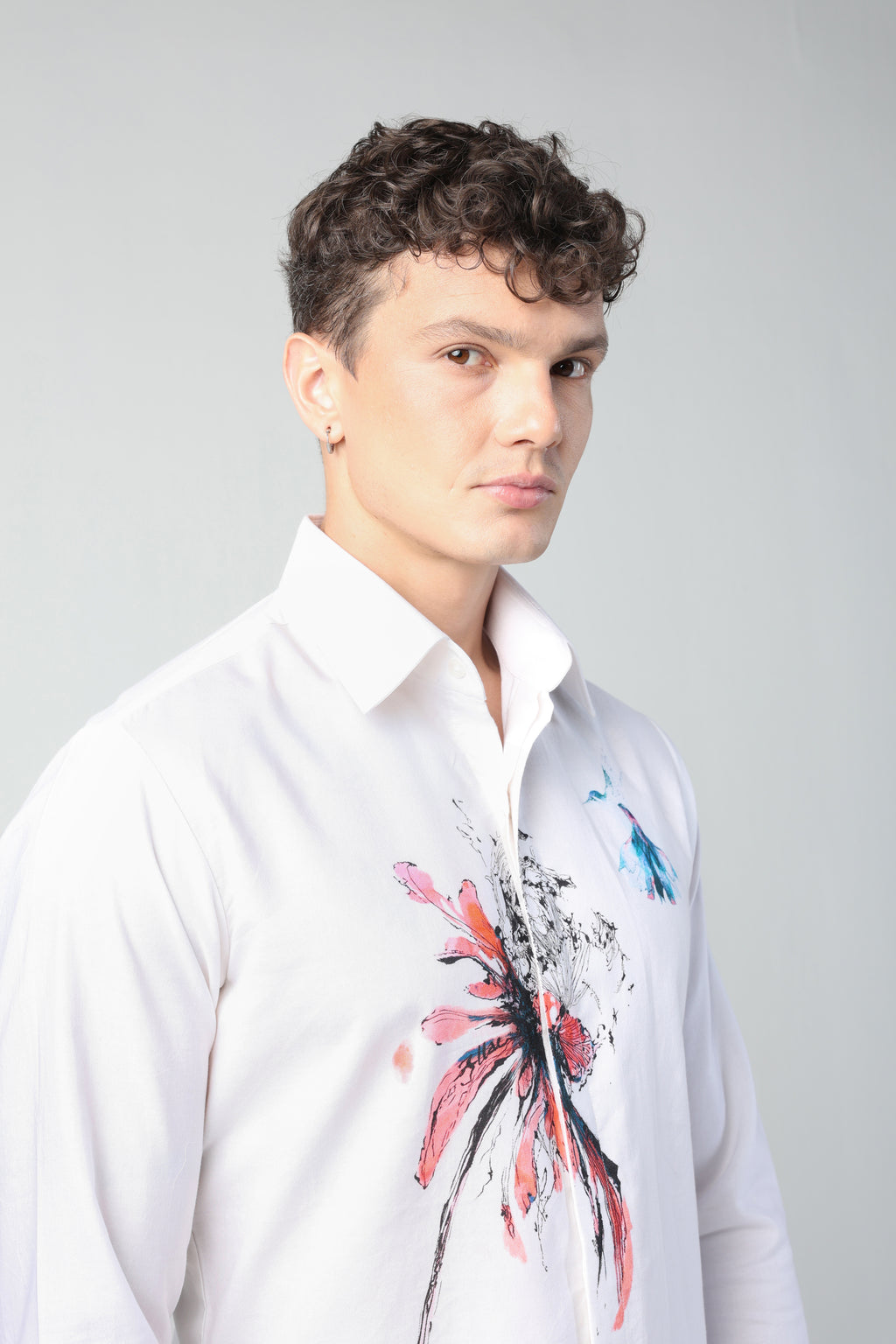ORESTE WHITE ABSTRACT FLORAL ARTWORK WITH BIRD PRINTED FULL SLEEVE SHIRT