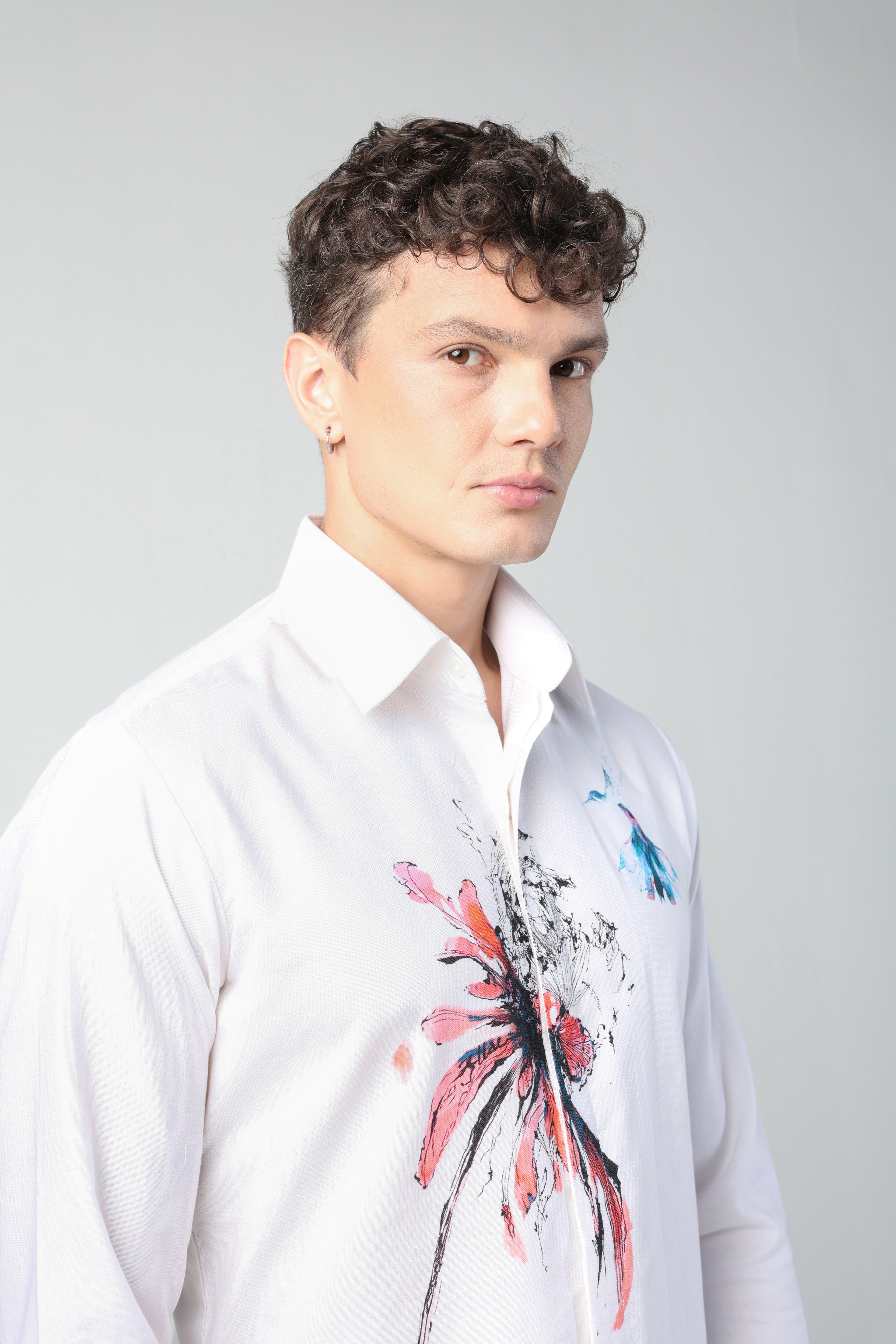ORESTE WHITE ABSTRACT FLORAL ARTWORK WITH BIRD PRINTED FULL SLEEVE SHIRT