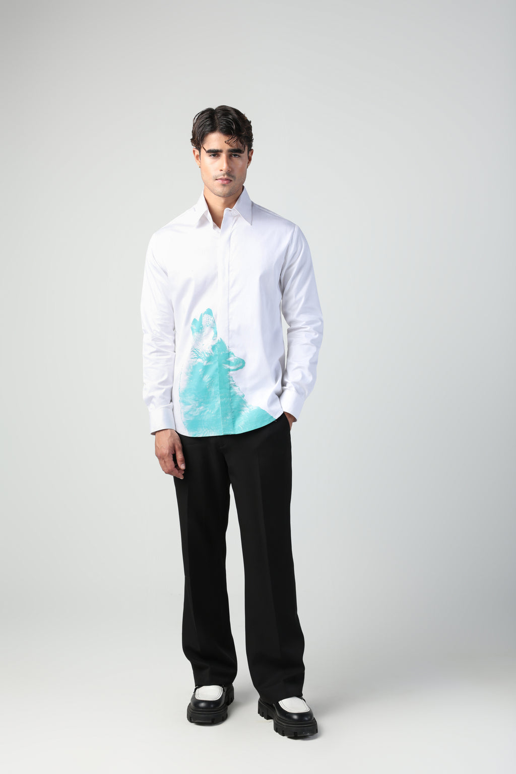 RENATO WHITE AND AQUA BLUE WOLF PRINTED SHIRT