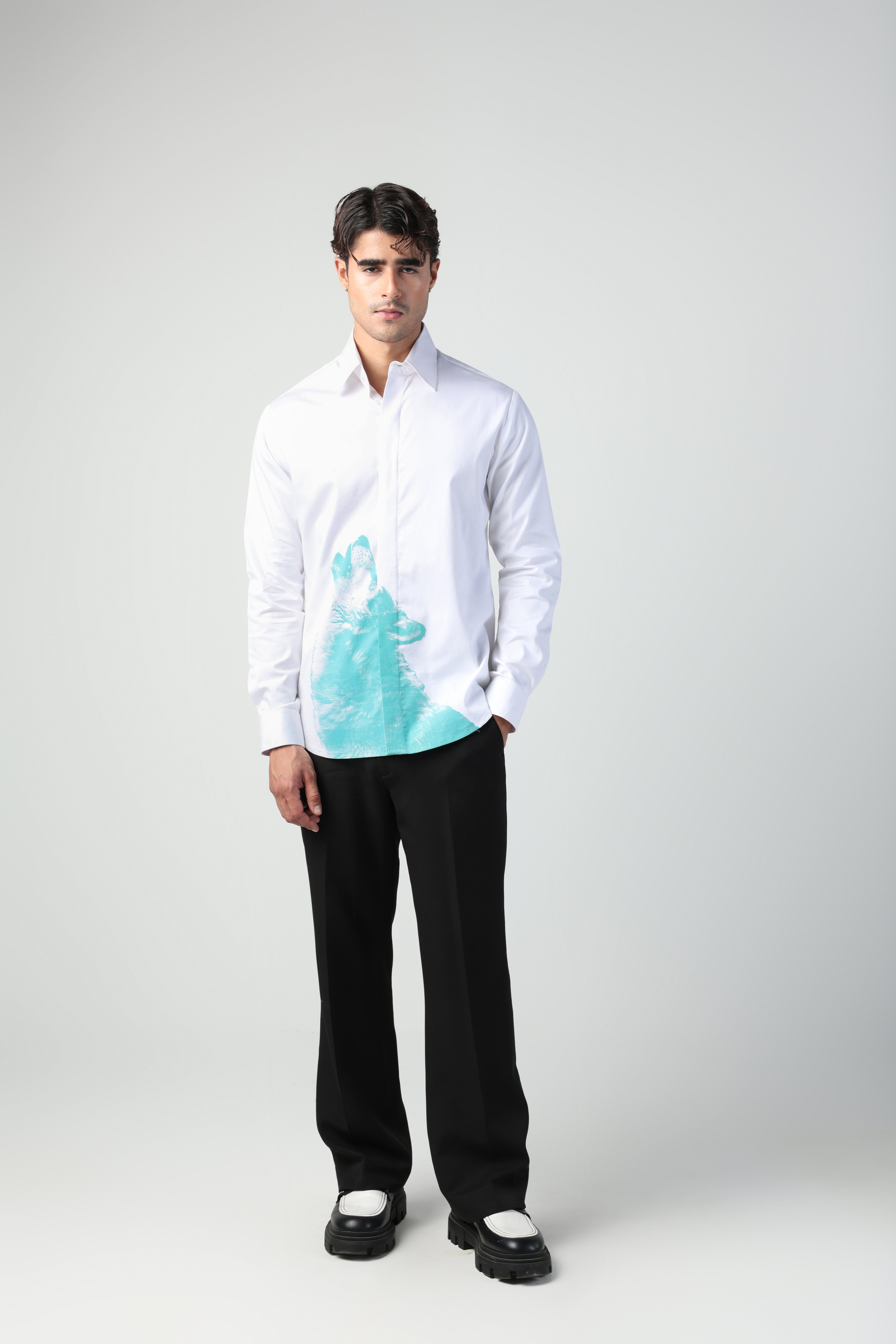 RENATO WHITE AND AQUA BLUE WOLF PRINTED SHIRT
