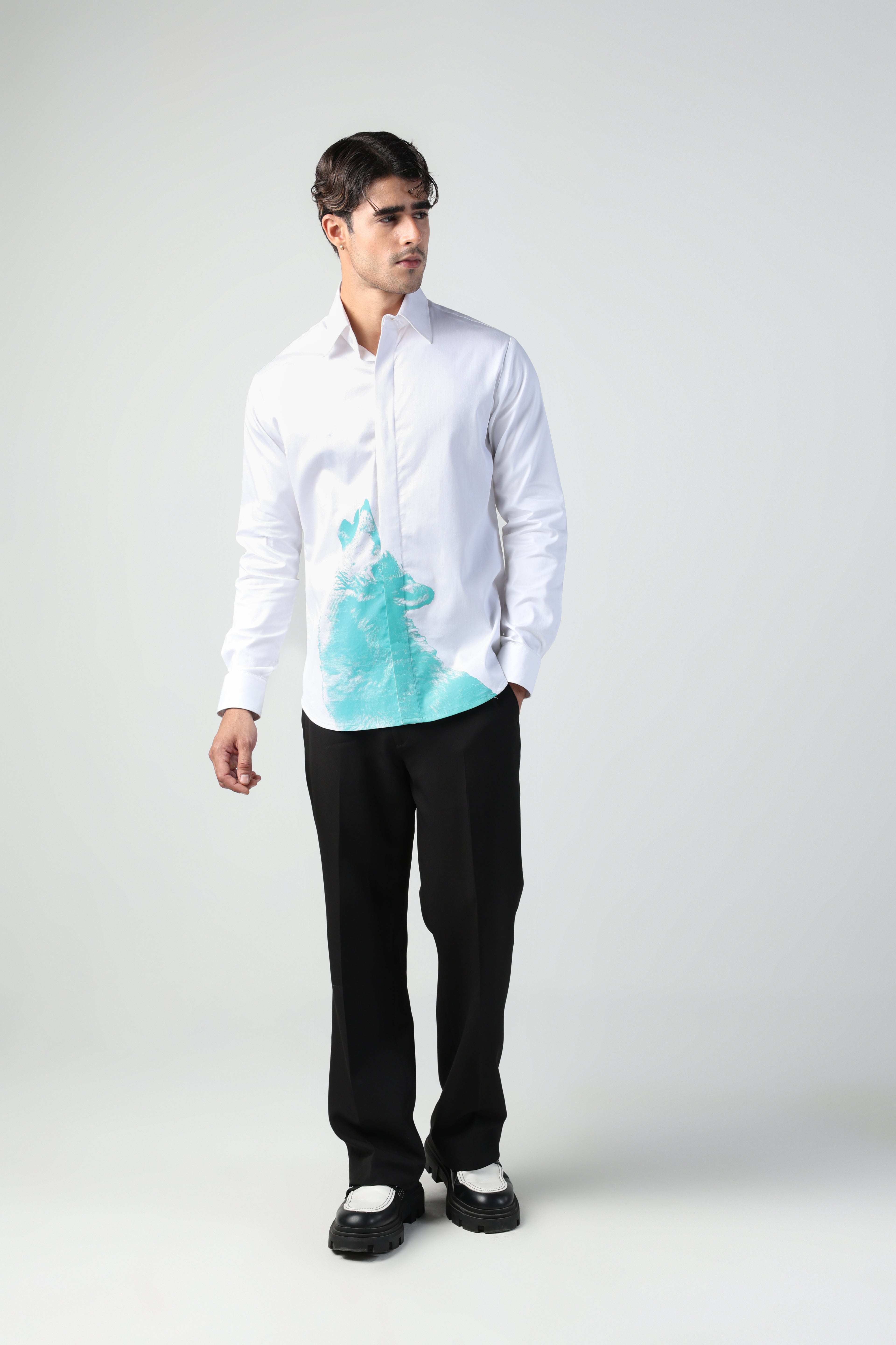 RENATO WHITE AND AQUA BLUE WOLF PRINTED SHIRT