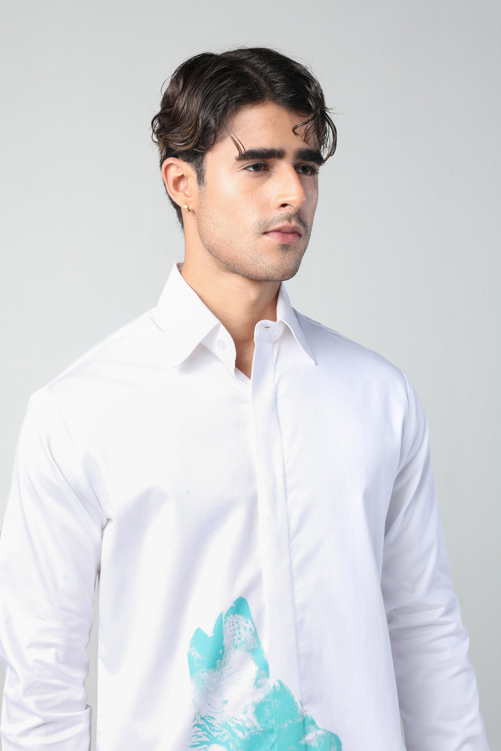 RENATO WHITE AND AQUA BLUE WOLF PRINTED SHIRT