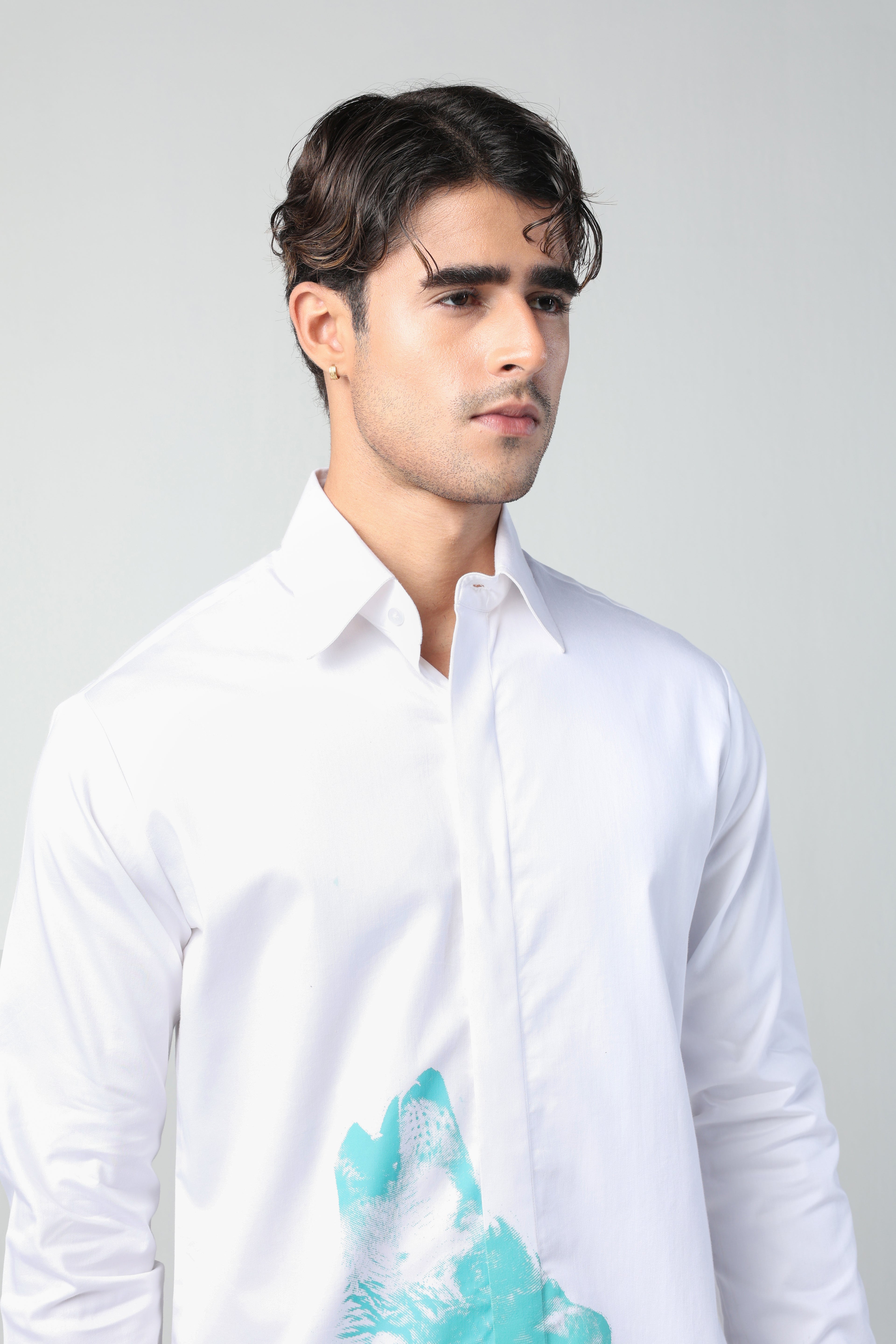RENATO WHITE AND AQUA BLUE WOLF PRINTED SHIRT