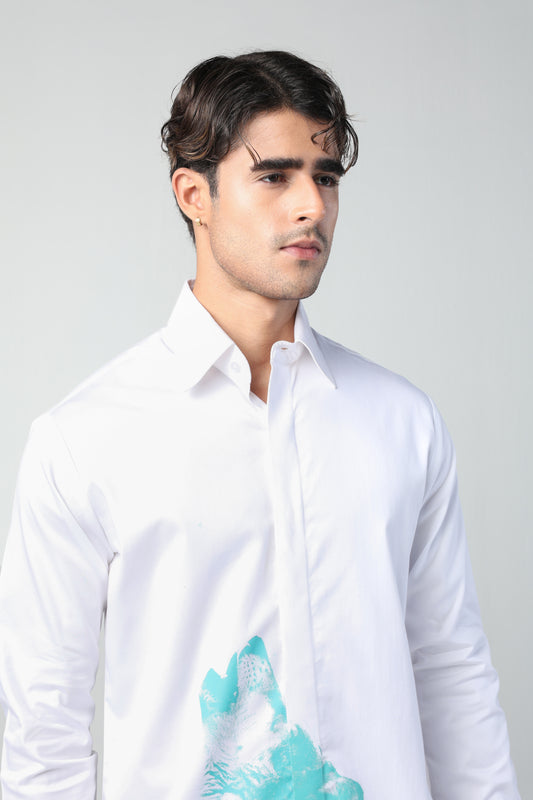 RENATO WHITE AND AQUA BLUE WOLF PRINTED SHIRT