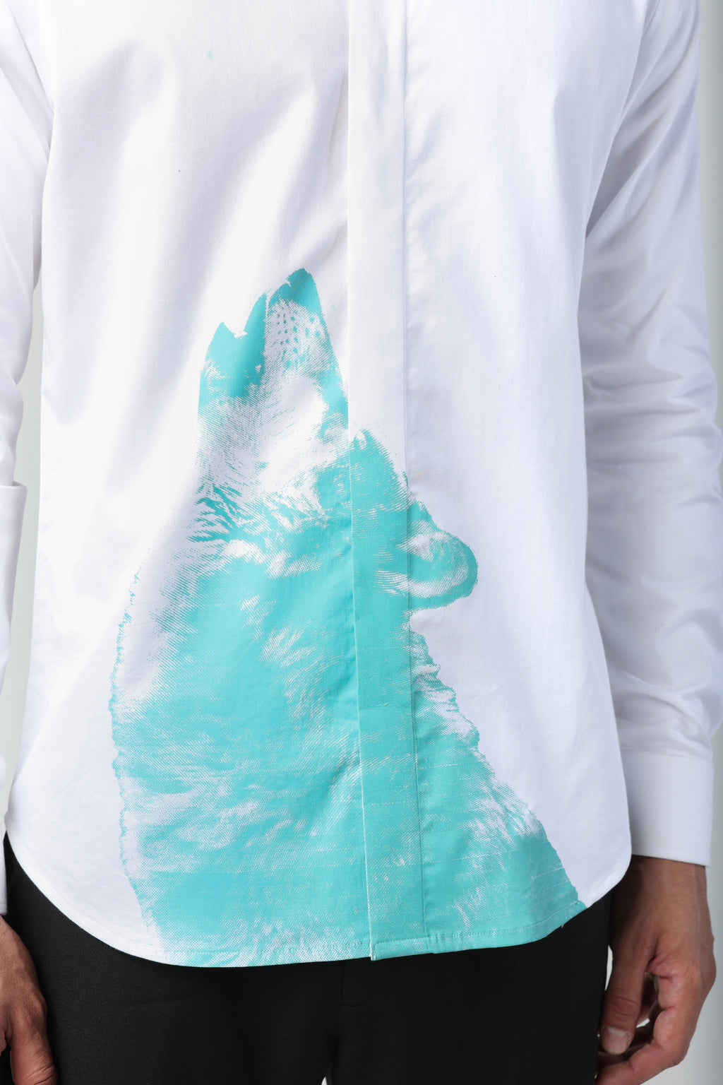 RENATO WHITE AND AQUA BLUE WOLF PRINTED SHIRT